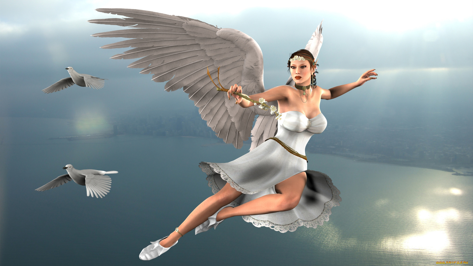 3д, графика, ангел, , angel, эльфийка, облака, река, ветка, голуби, полет, ангел, фон, взгляд, девушка