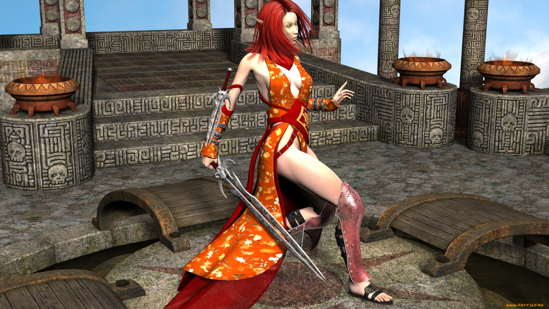 3д, графика, эльфы, , elves, эльфийка, взгляд, фон, оружие, руины