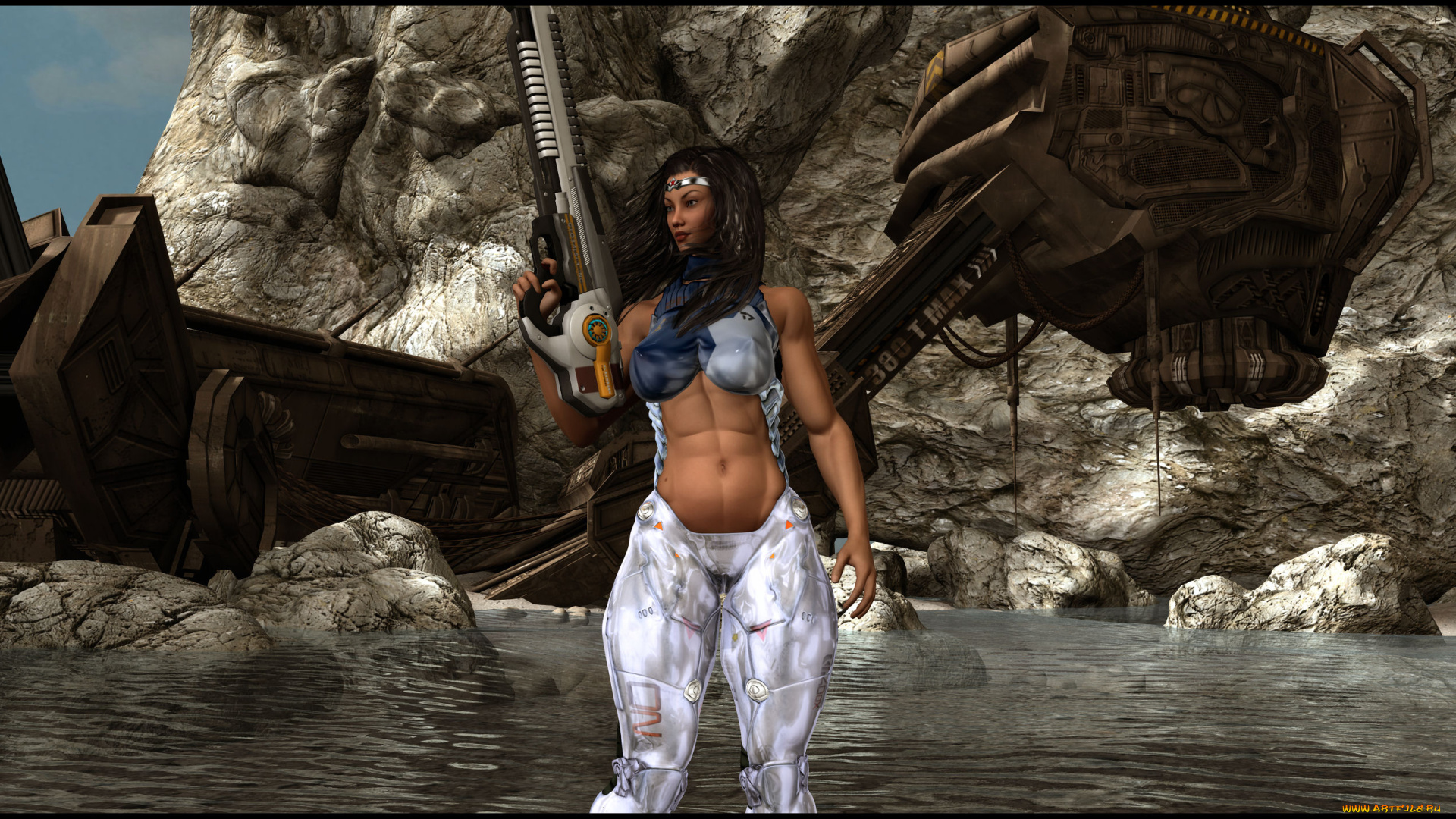 3д, графика, фантазия, , fantasy, оружие, фон, взгляд, вода, скалы, девушка