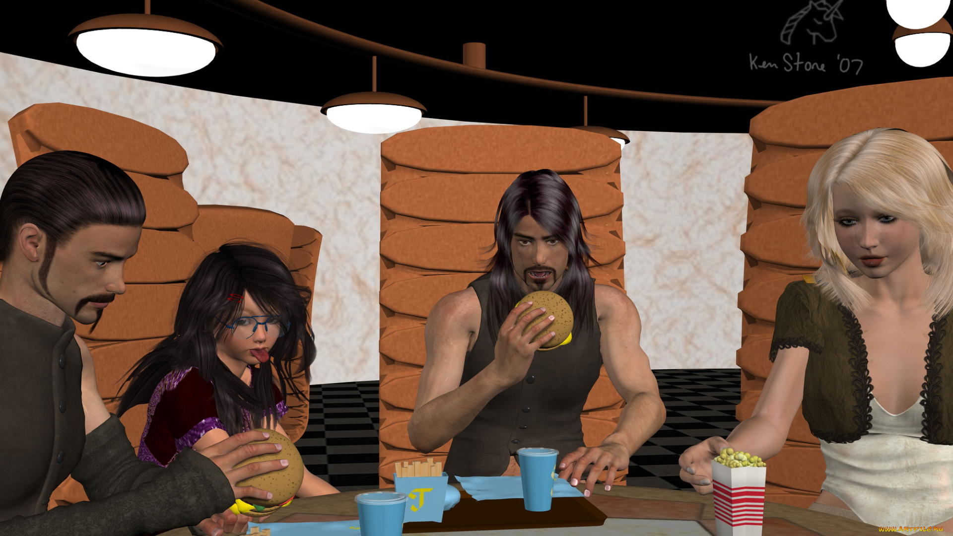 3д, графика, люди, , people, девушки, взгляд, фон, парни, стол