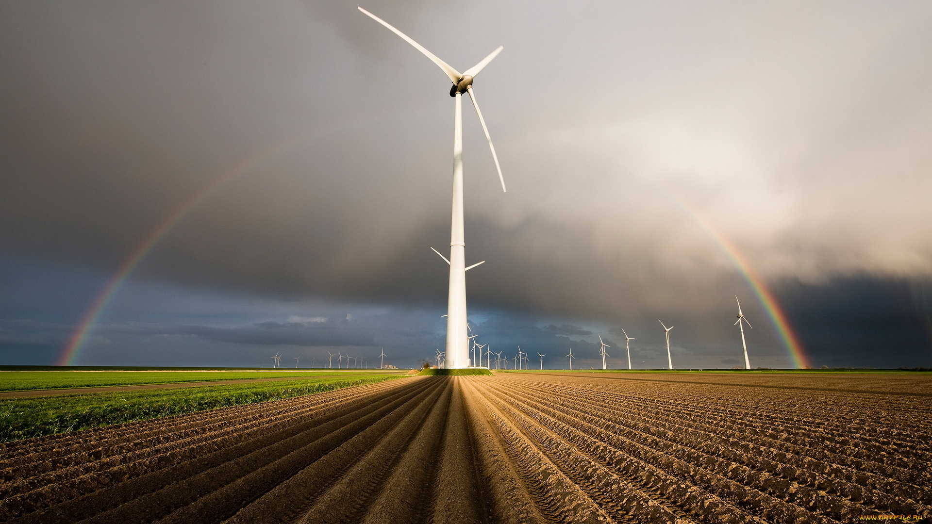 разное, мельницы, поле, ветряки, радуга