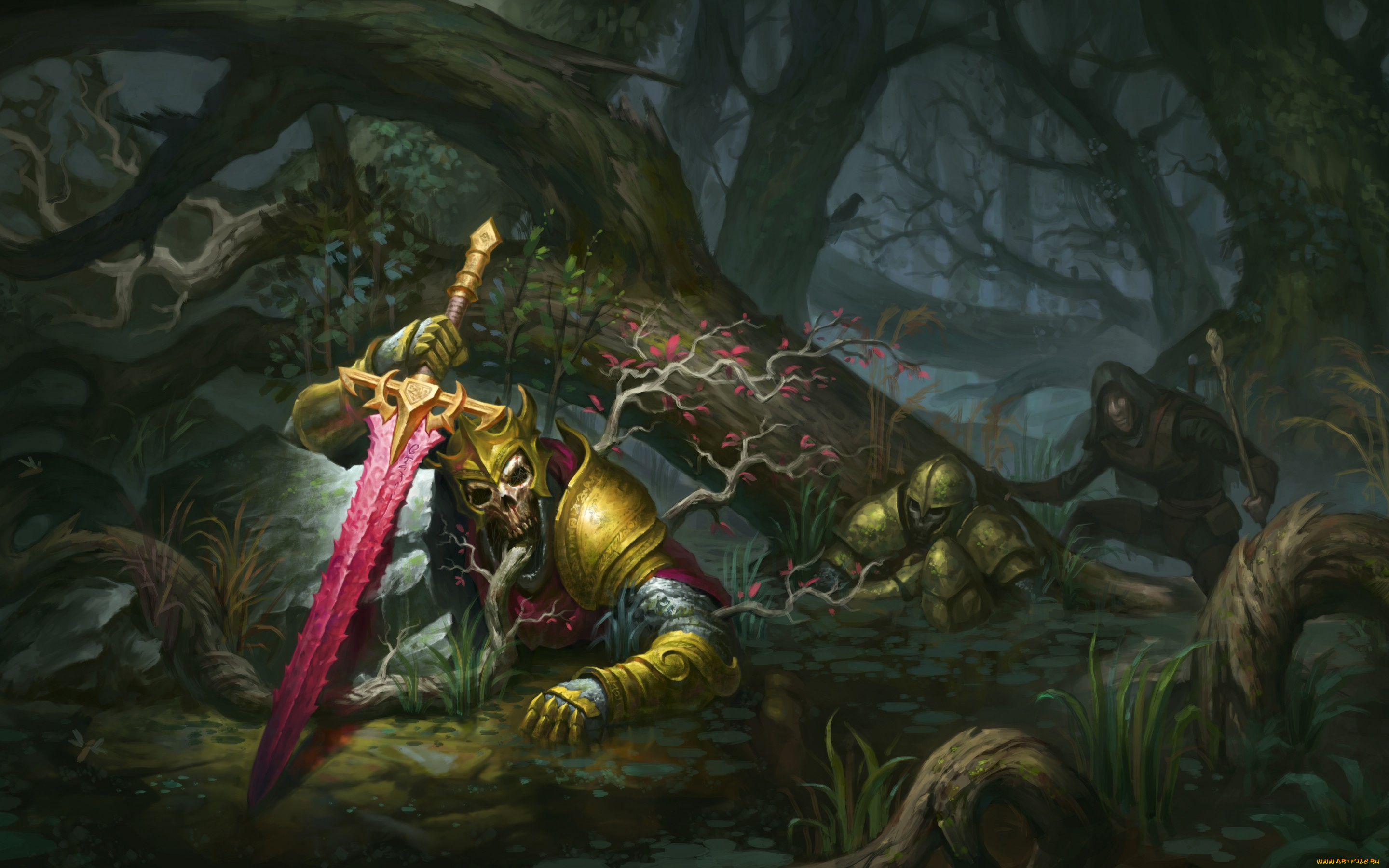 фэнтези, нежить, dead, king, лес, труп, болото, странник, король, корона, деревья, меч