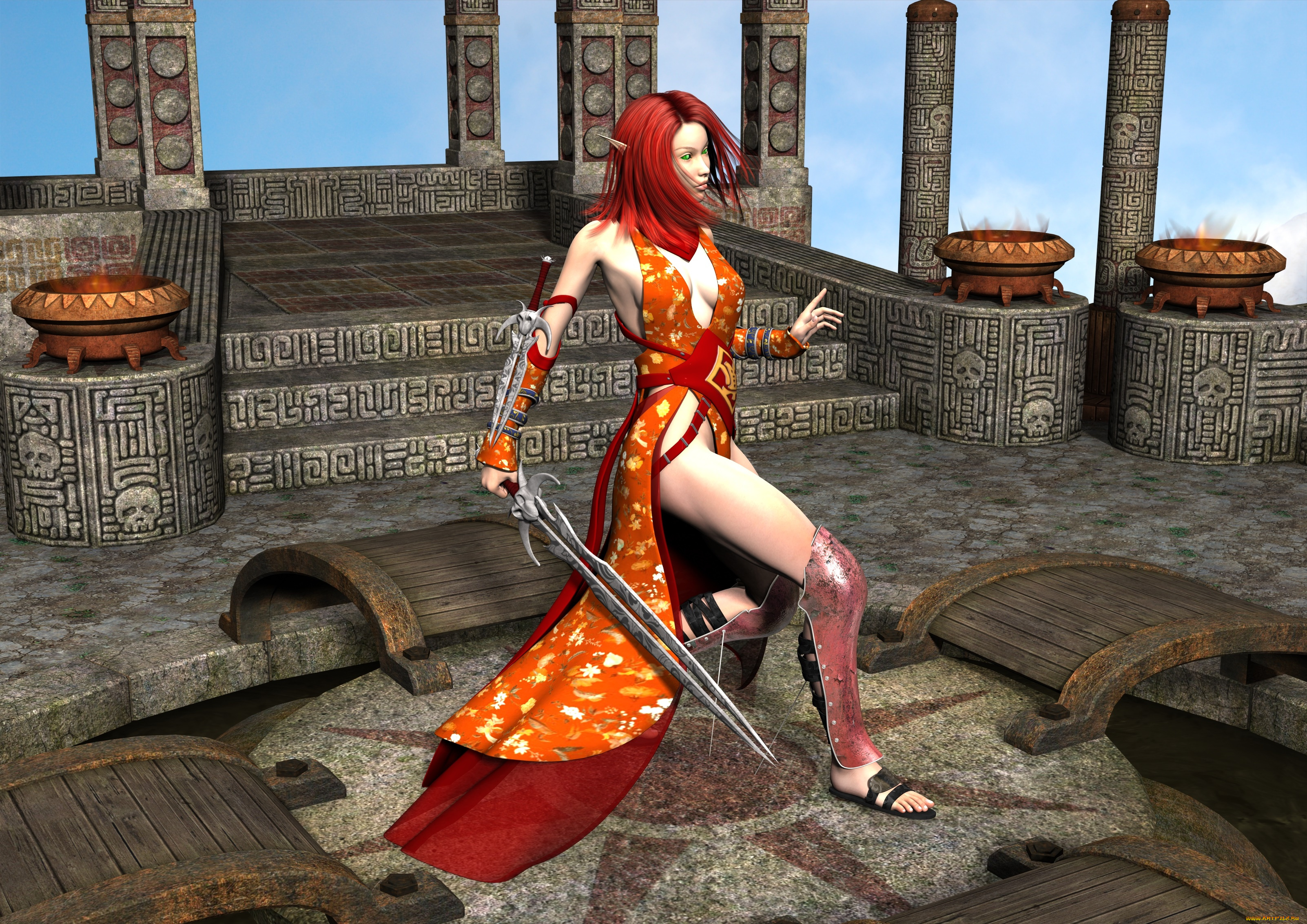 3д, графика, эльфы, , elves, эльфийка, взгляд, фон, оружие, руины