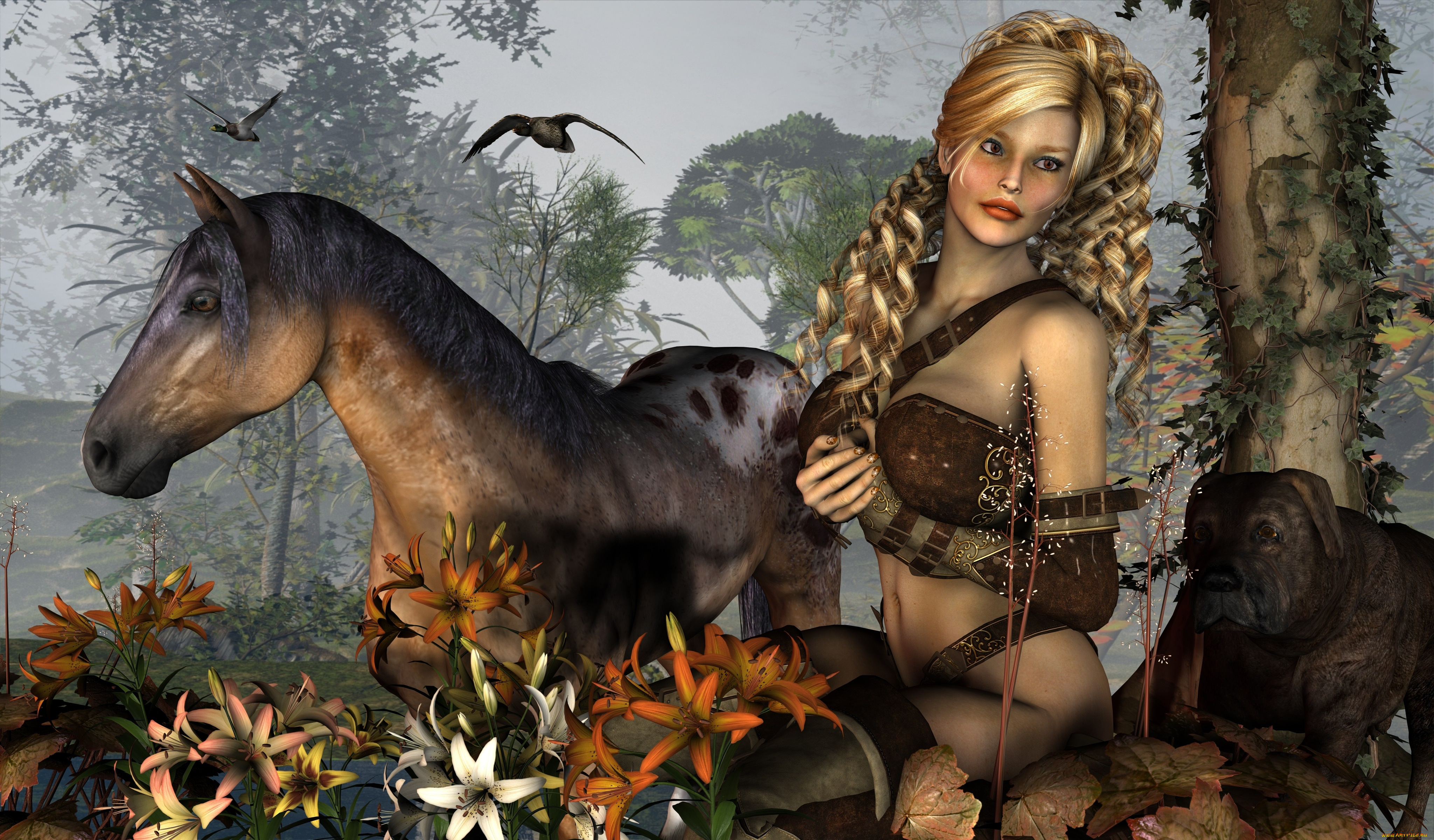 3д, графика, люди, , people, девушка, взгляд, фон, лошадь, цветы, птицы, собака