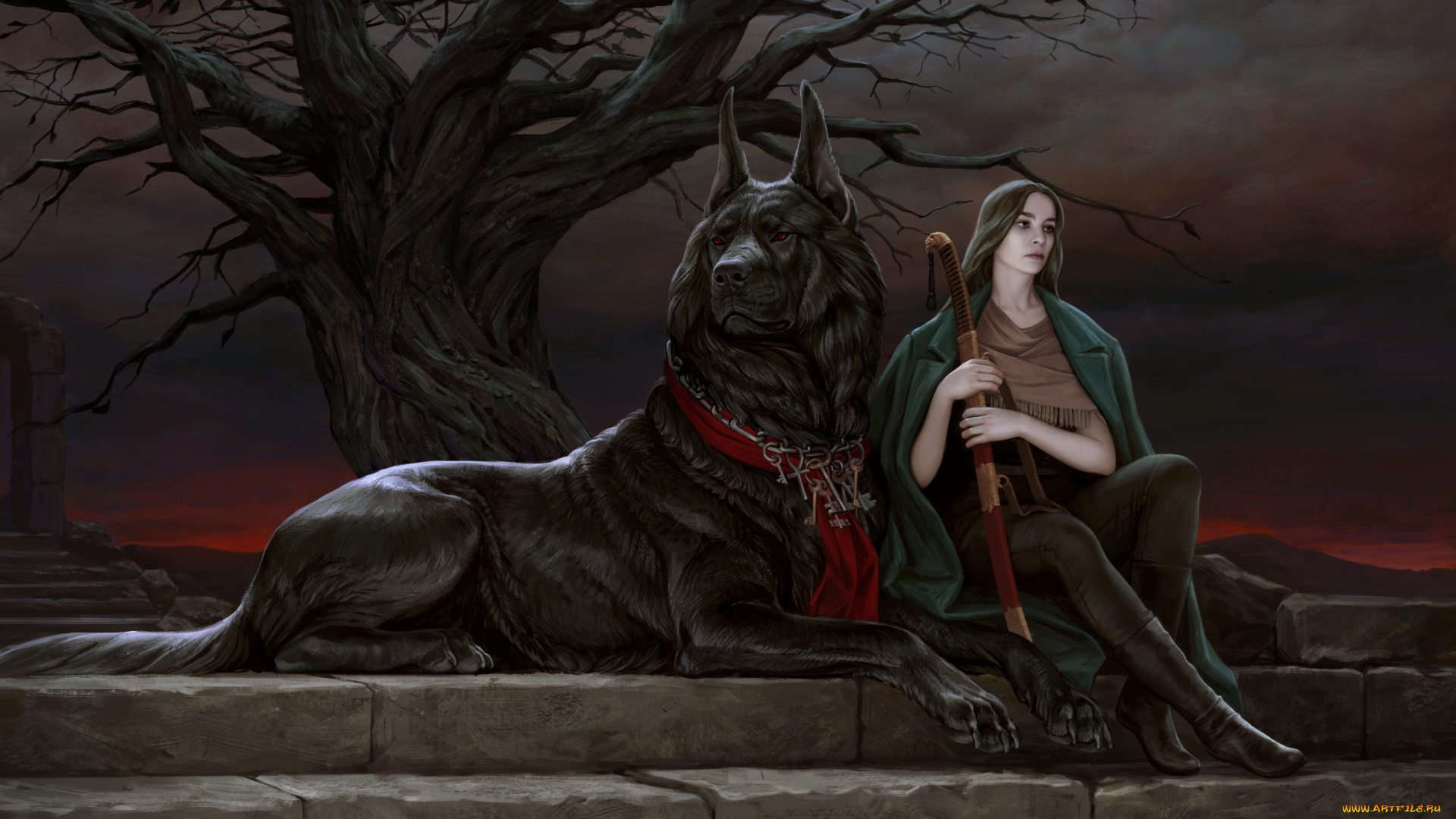 фэнтези, красавицы, и, чудовища, девушка, собака