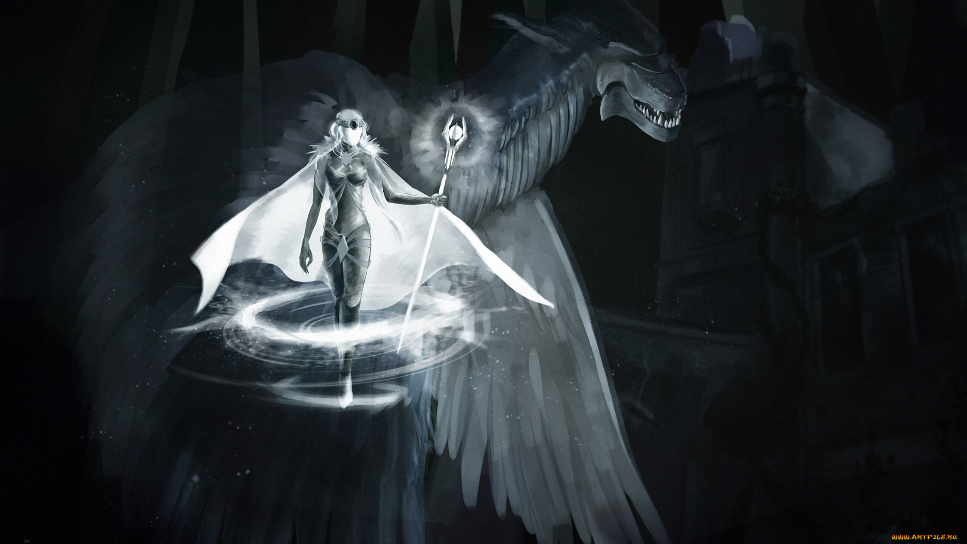 фэнтези, красавицы, и, чудовища, посох, девушка, магия, дракон