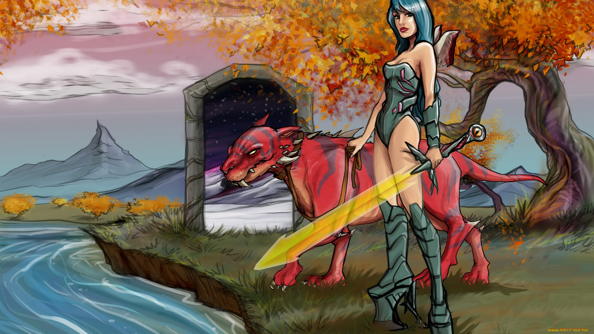 фэнтези, красавицы, и, чудовища, взгляд, существо, меч, фон, девушка