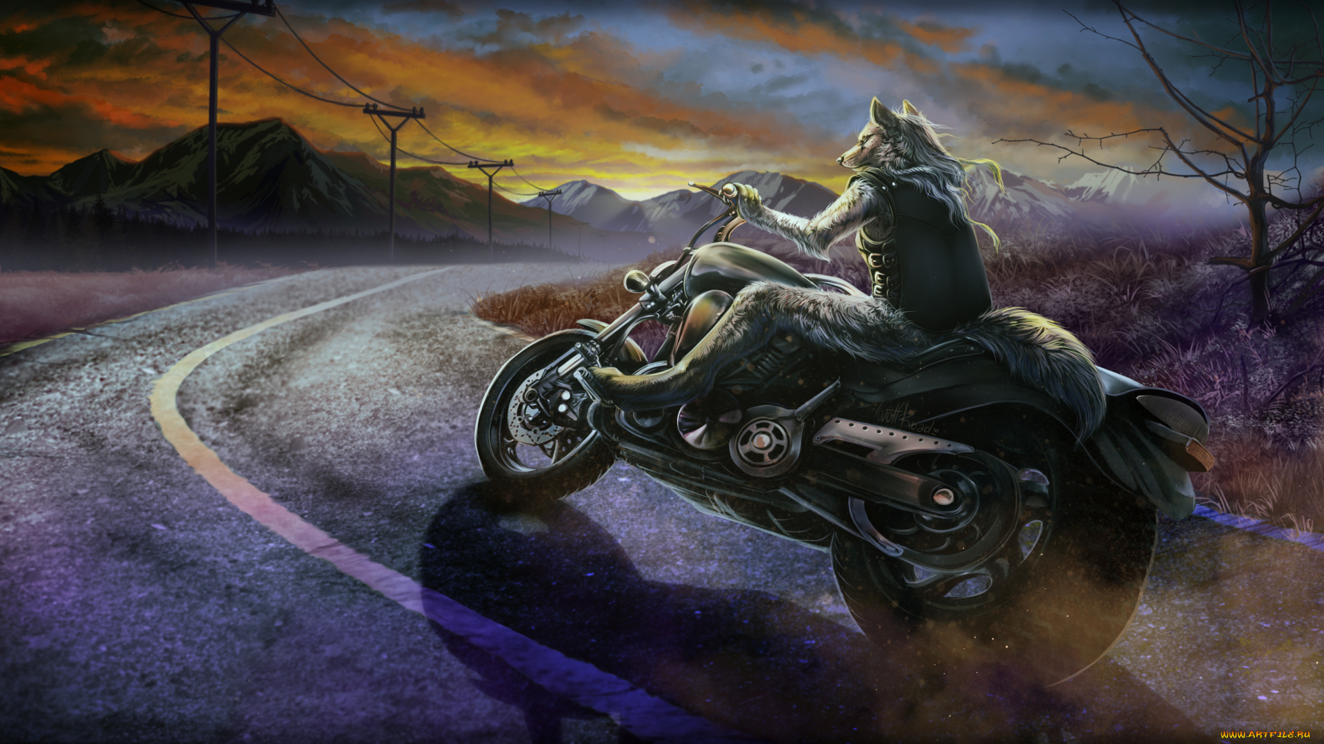фэнтези, оборотни, оборотень, волк, дорога, мотоцикл