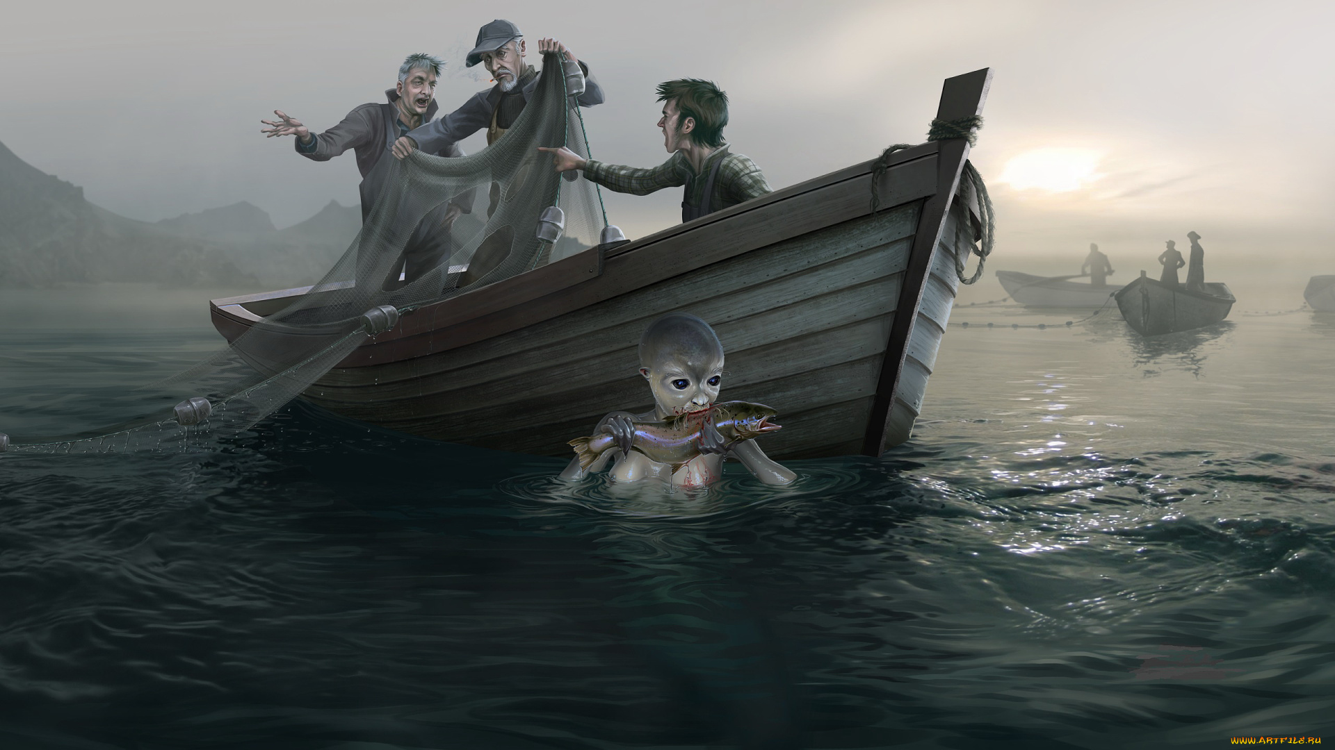 фэнтези, существа, существо, сети, рыбаки, лодка