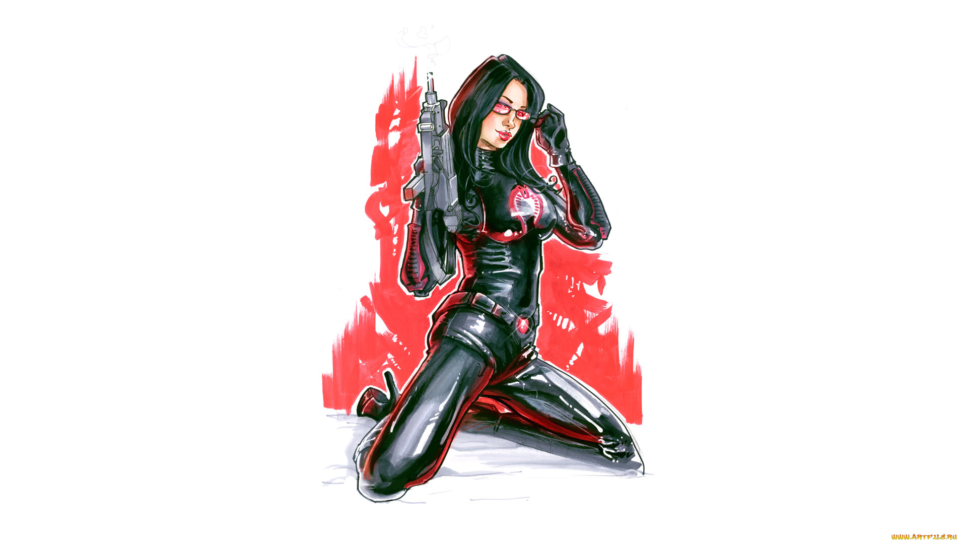 рисованное, комиксы, фон, девушка, униформа, взгляд, автомат