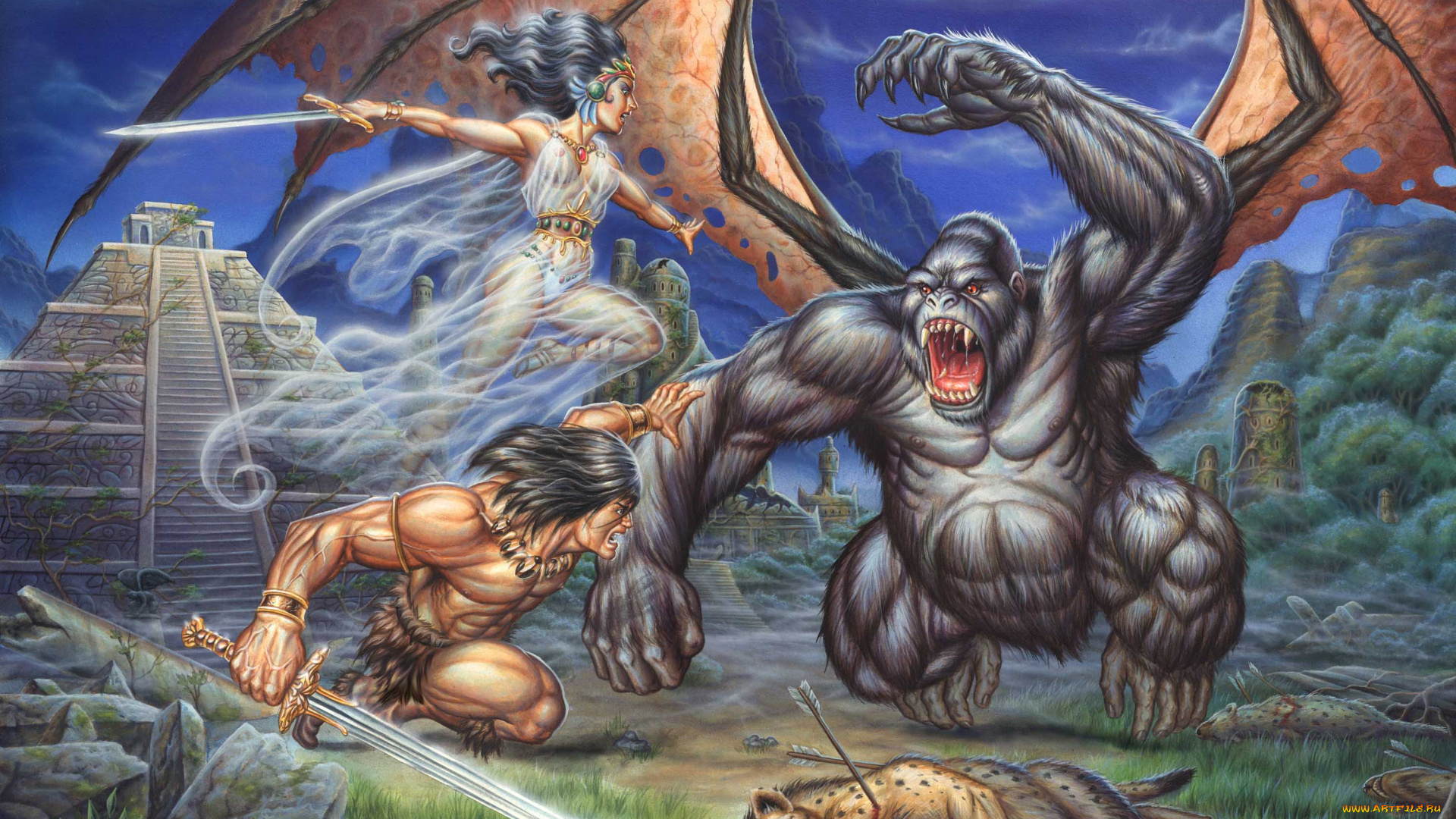 рисованное, комиксы, мужчина, девушка, пирамида, обезьяна, меч