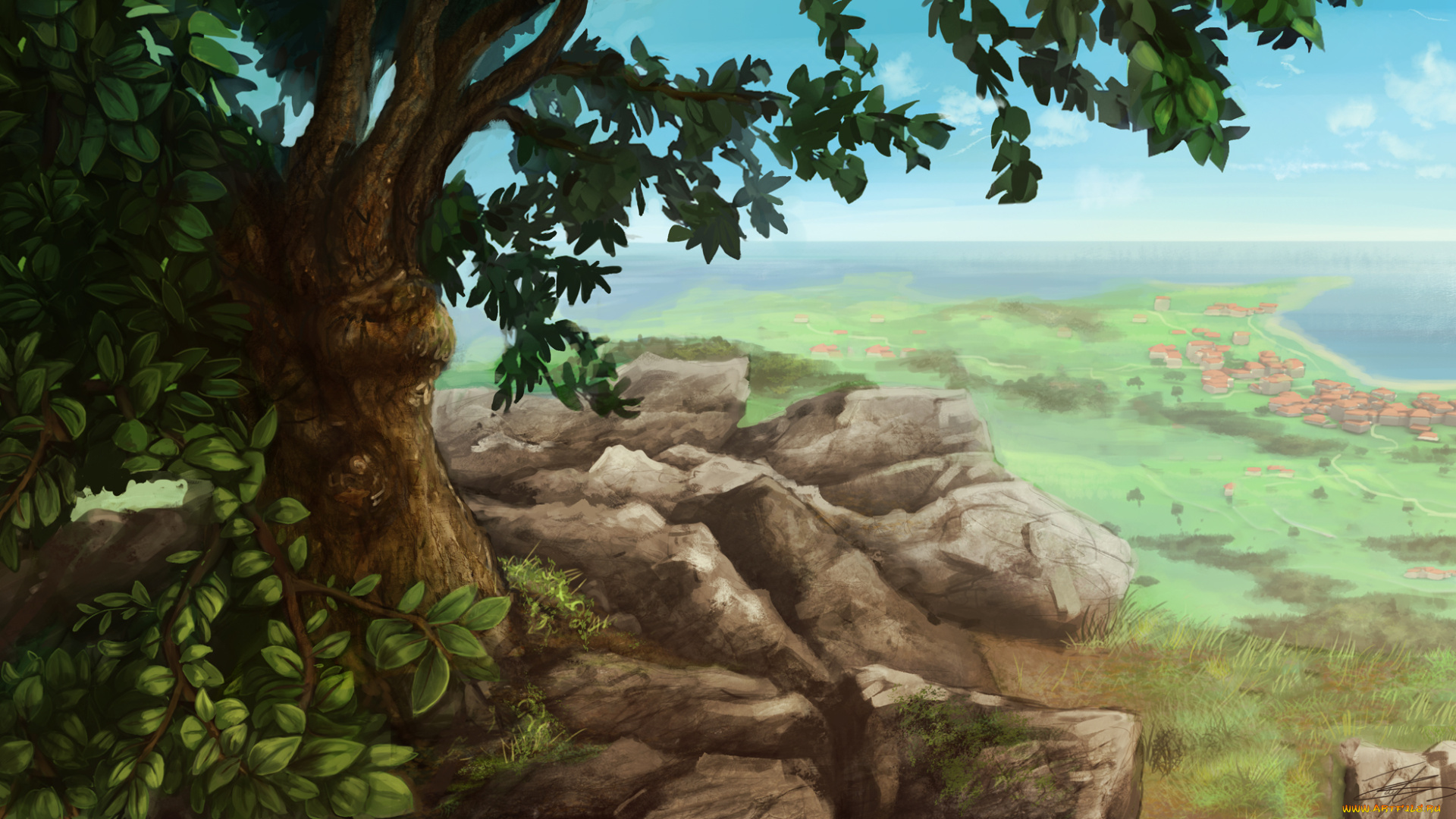 рисованное, природа, дома, вид, пейзаж, камни, скалы, дерево, поселение