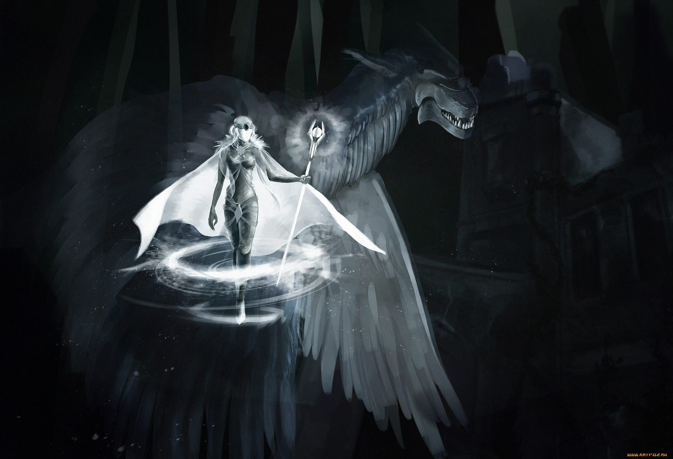 фэнтези, красавицы, и, чудовища, посох, девушка, магия, дракон