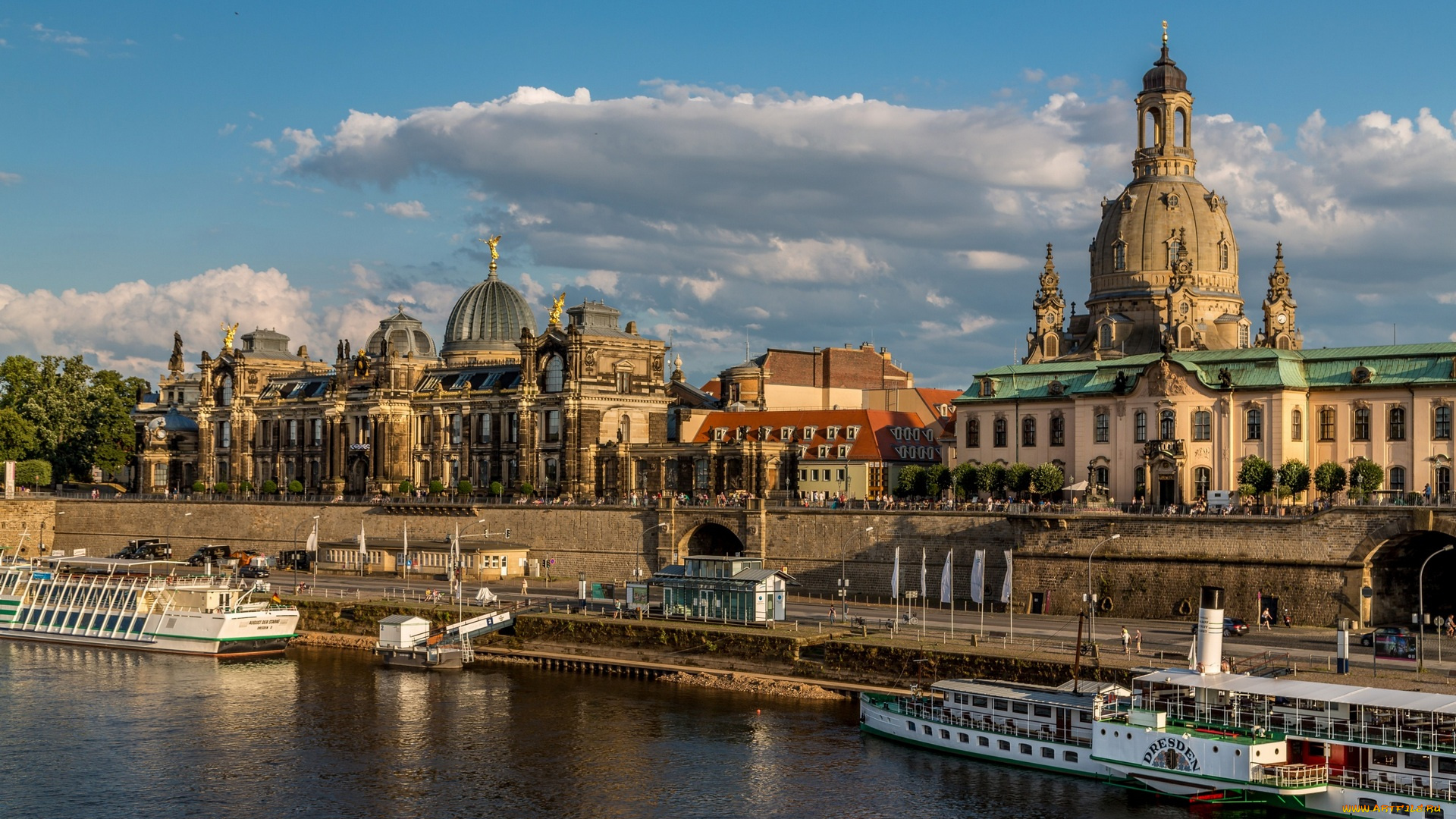 дрезден, города, дрезден, , германия, набережная, теплоходы, водоем, облака, здания