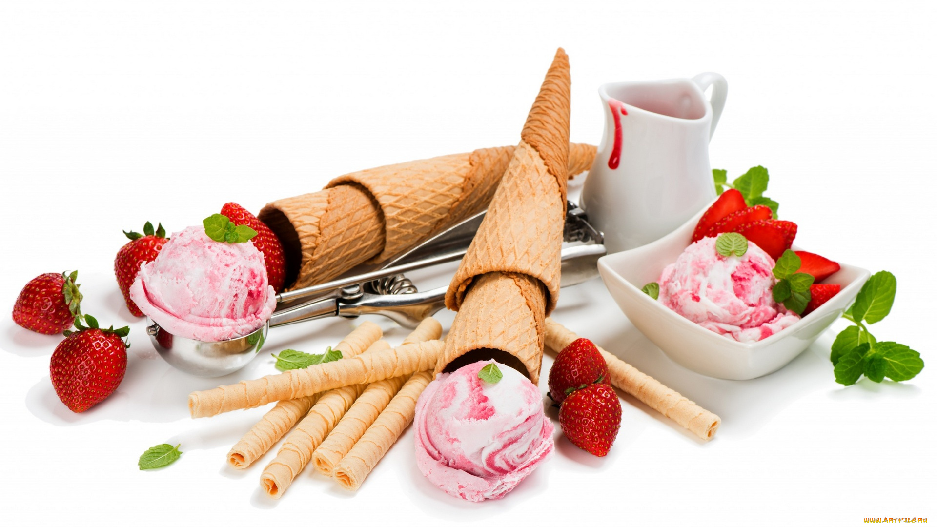 еда, мороженое, , десерты, вазочки, трубочки, клубника