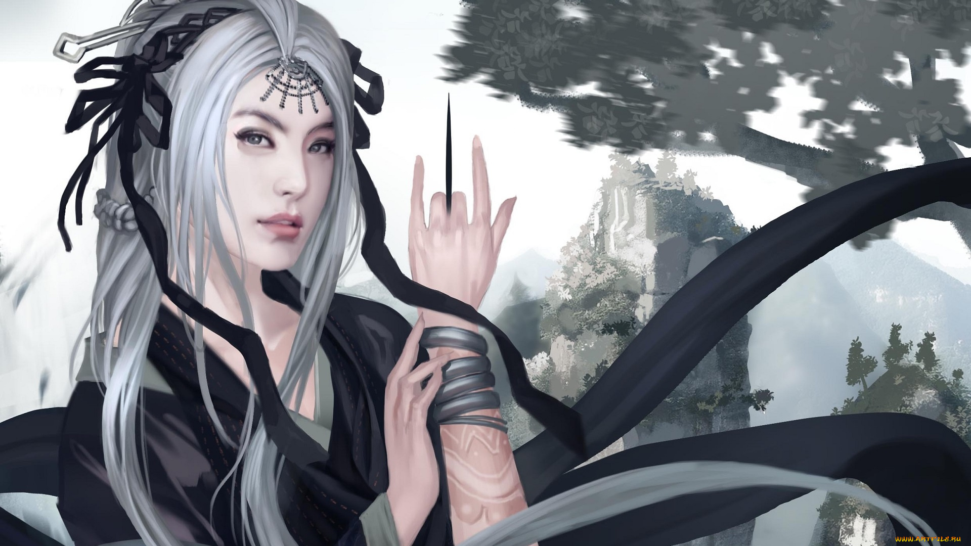 фэнтези, девушки, арт, горы, азия, татуировка, белые, волосы, девушка, нож, украшения, рука