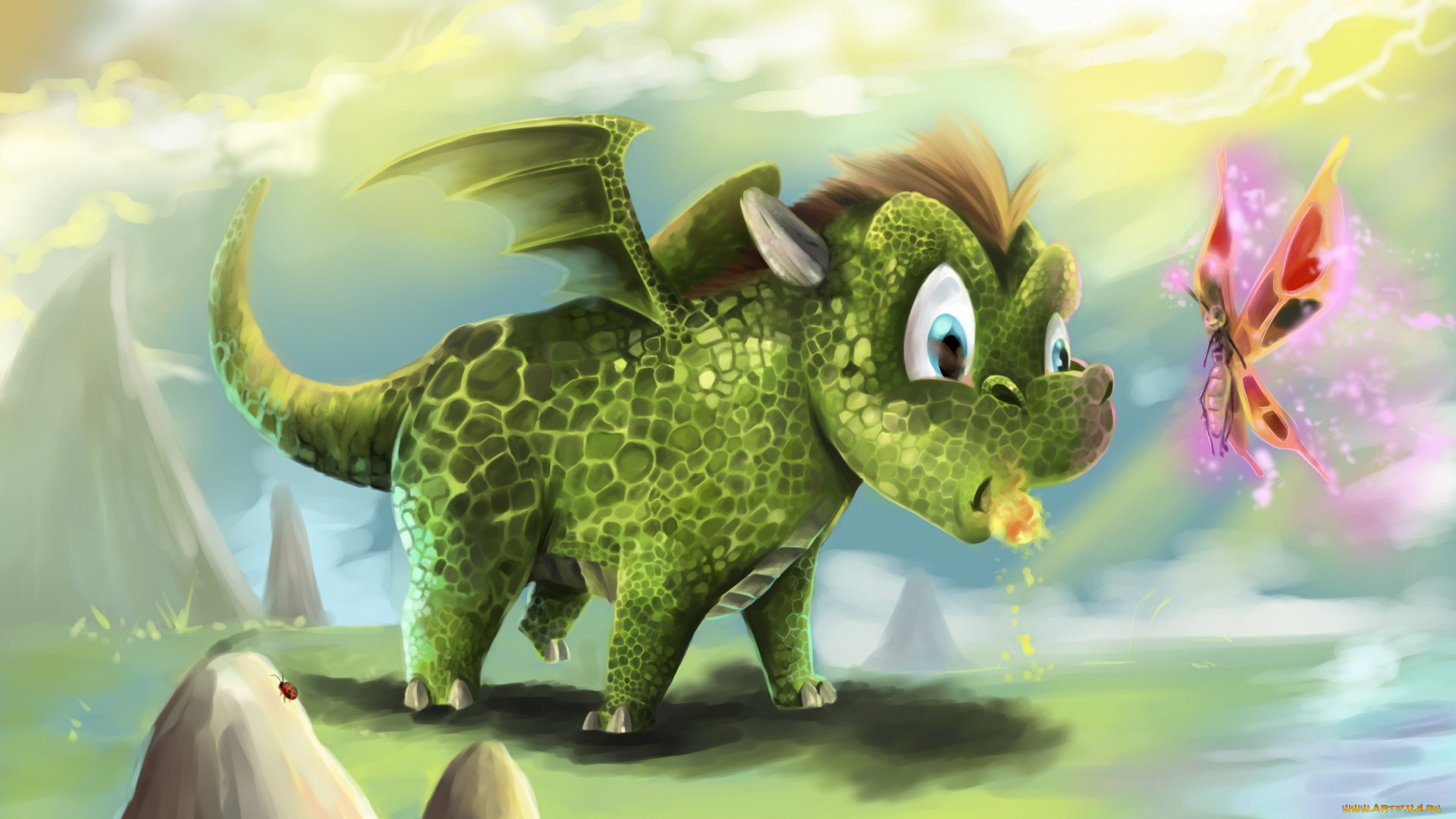 фэнтези, драконы, бабочка, фея, камни