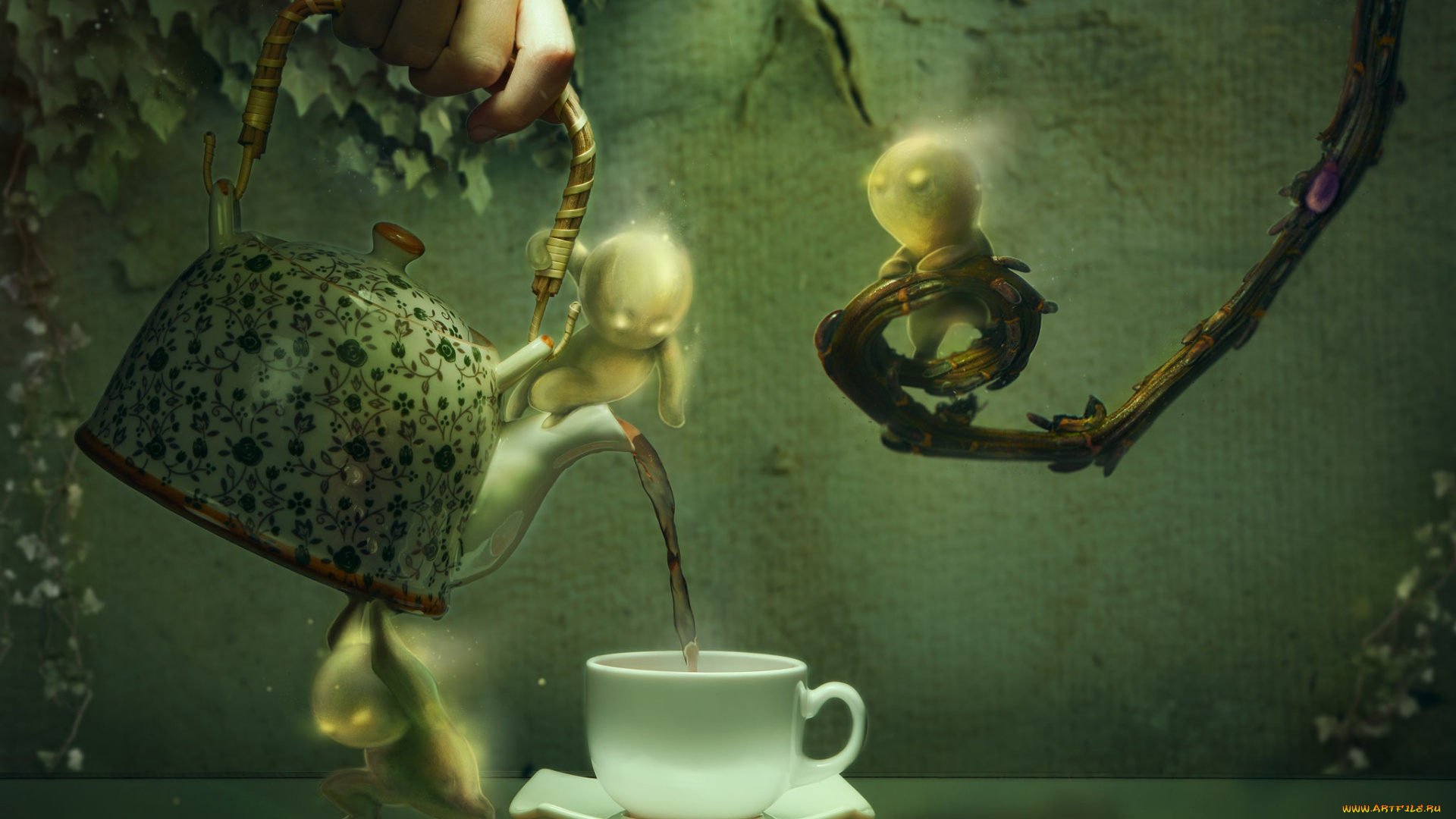 фэнтези, фотоарт, плющ, листья, чашка, чайник, чаепитие, рука, графика, ветки, человечки