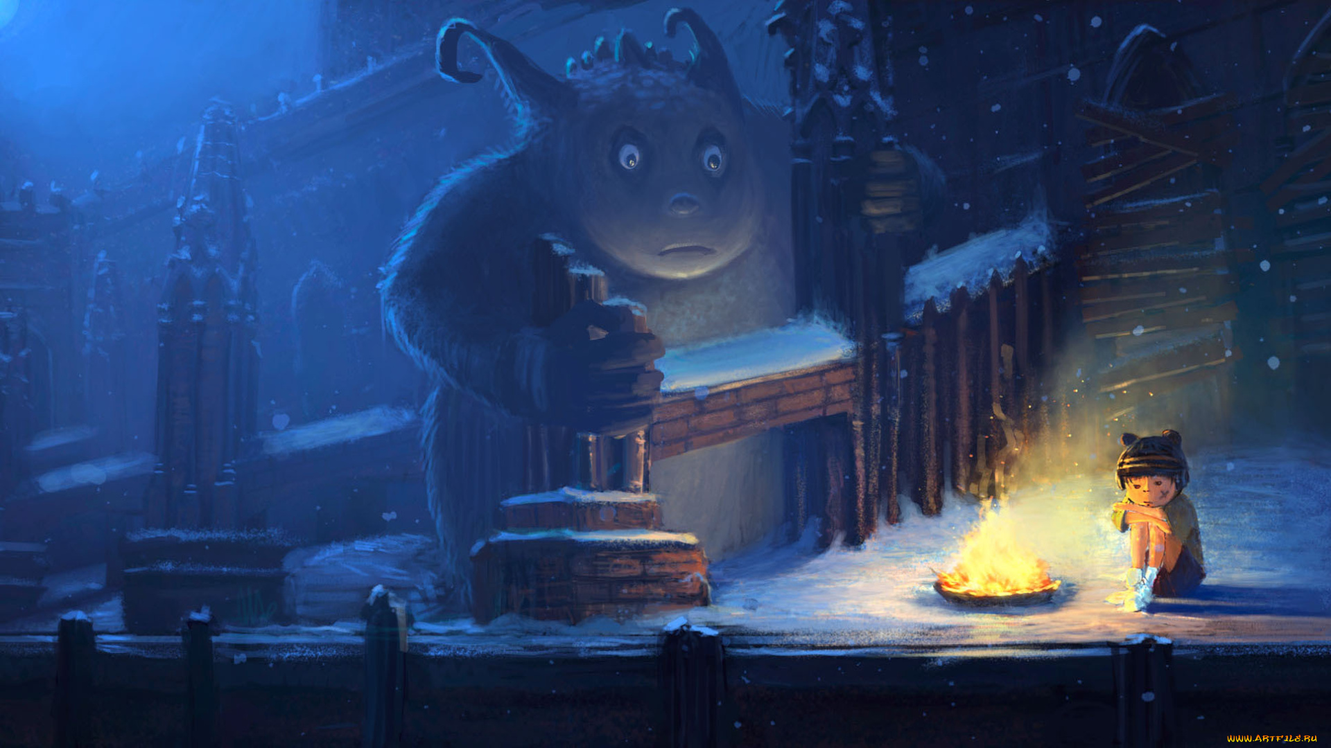фэнтези, существа, снег, девочка, зима, костер, одиночество, холод, заброшенность, ночь, руины, замок, монстр, арт, ребенок