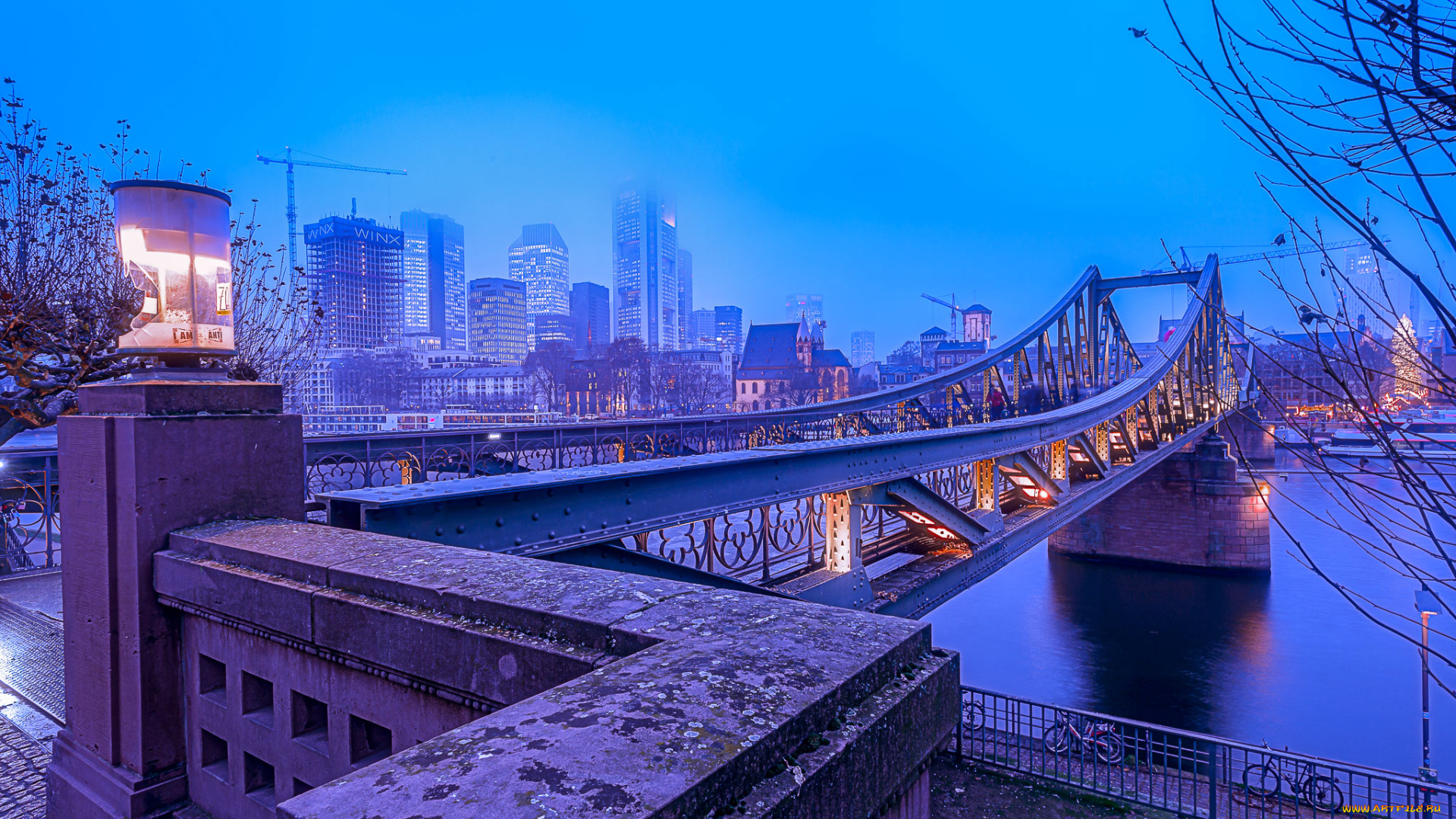 германия, города, франкфурт-на-майне, , небоскребы, водоем, мост, фонари