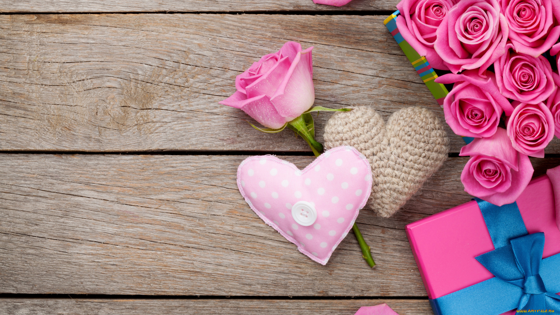 праздничные, день, святого, валентина, , сердечки, , любовь, цветы, подарок, бант, коробка