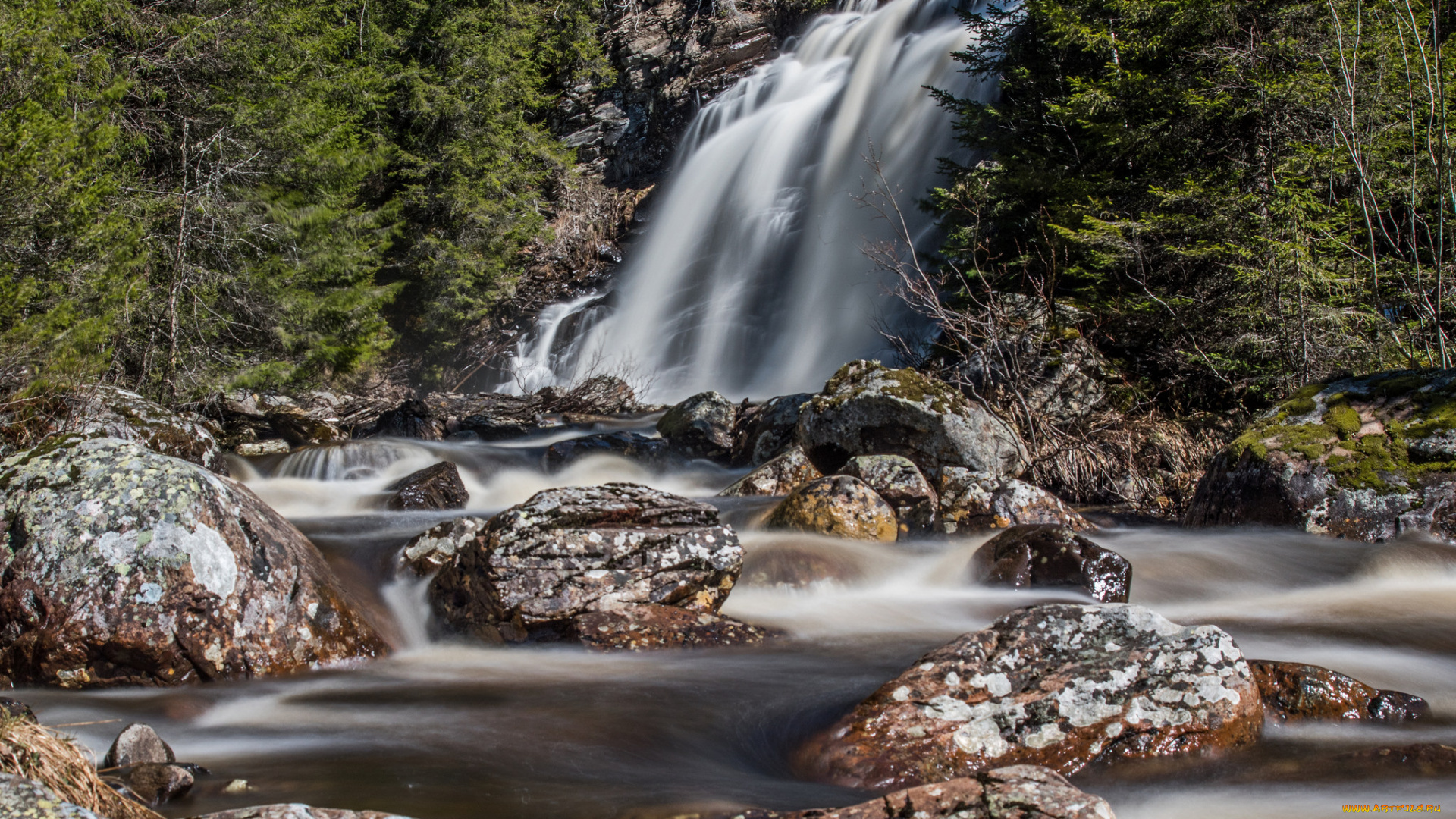 природа, водопады, лес, река, водопад