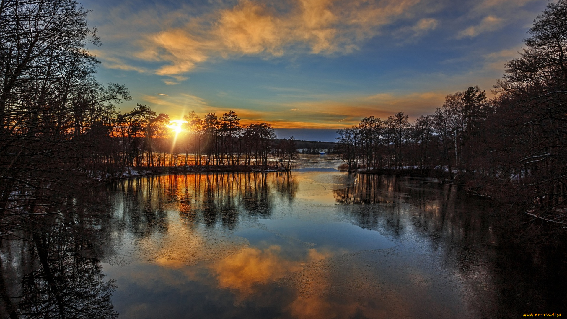 природа, восходы, закаты, облака, деревья, водоем