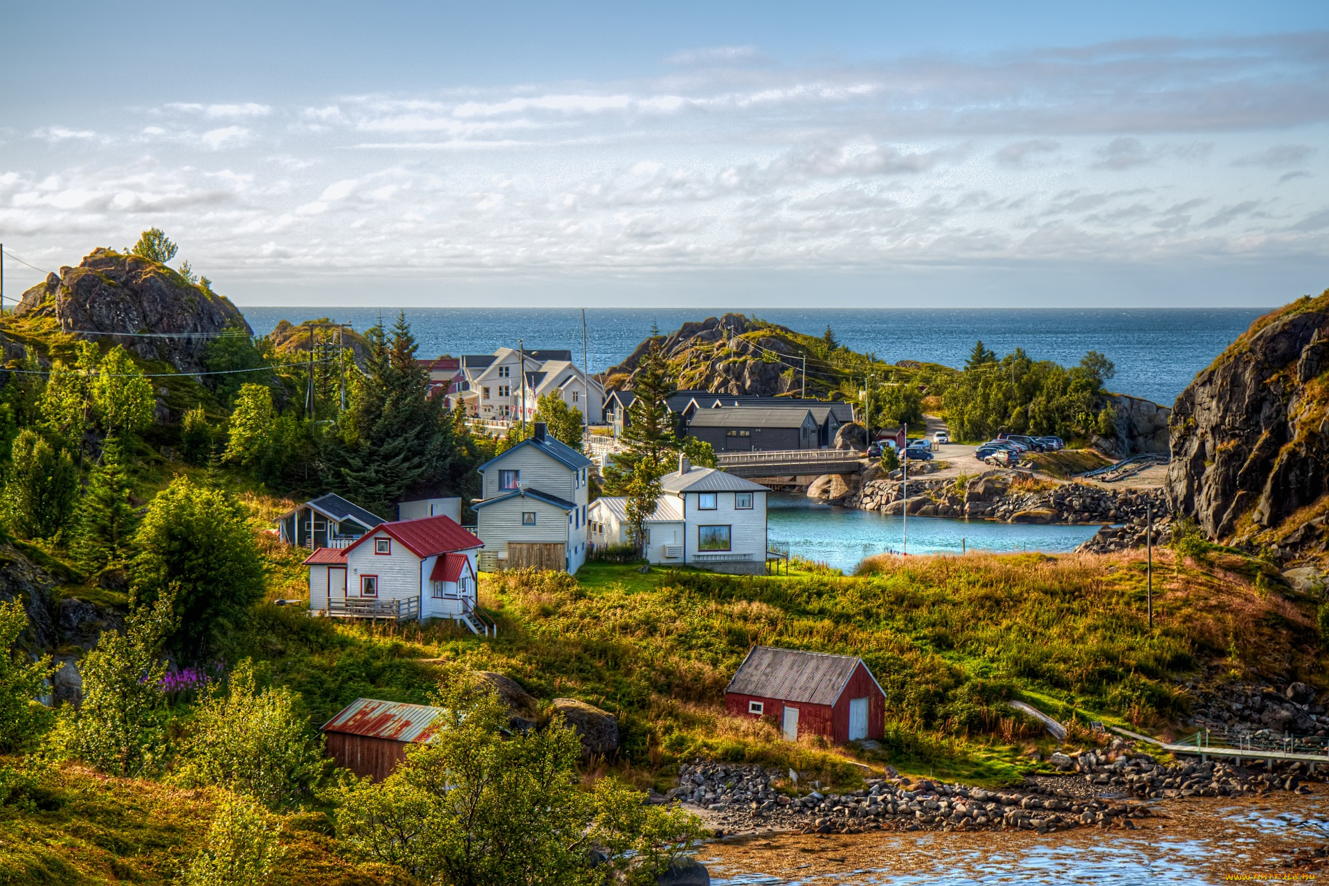 норвегия, города, -, пейзажи, камни, холмы, дома, деревья, водоем