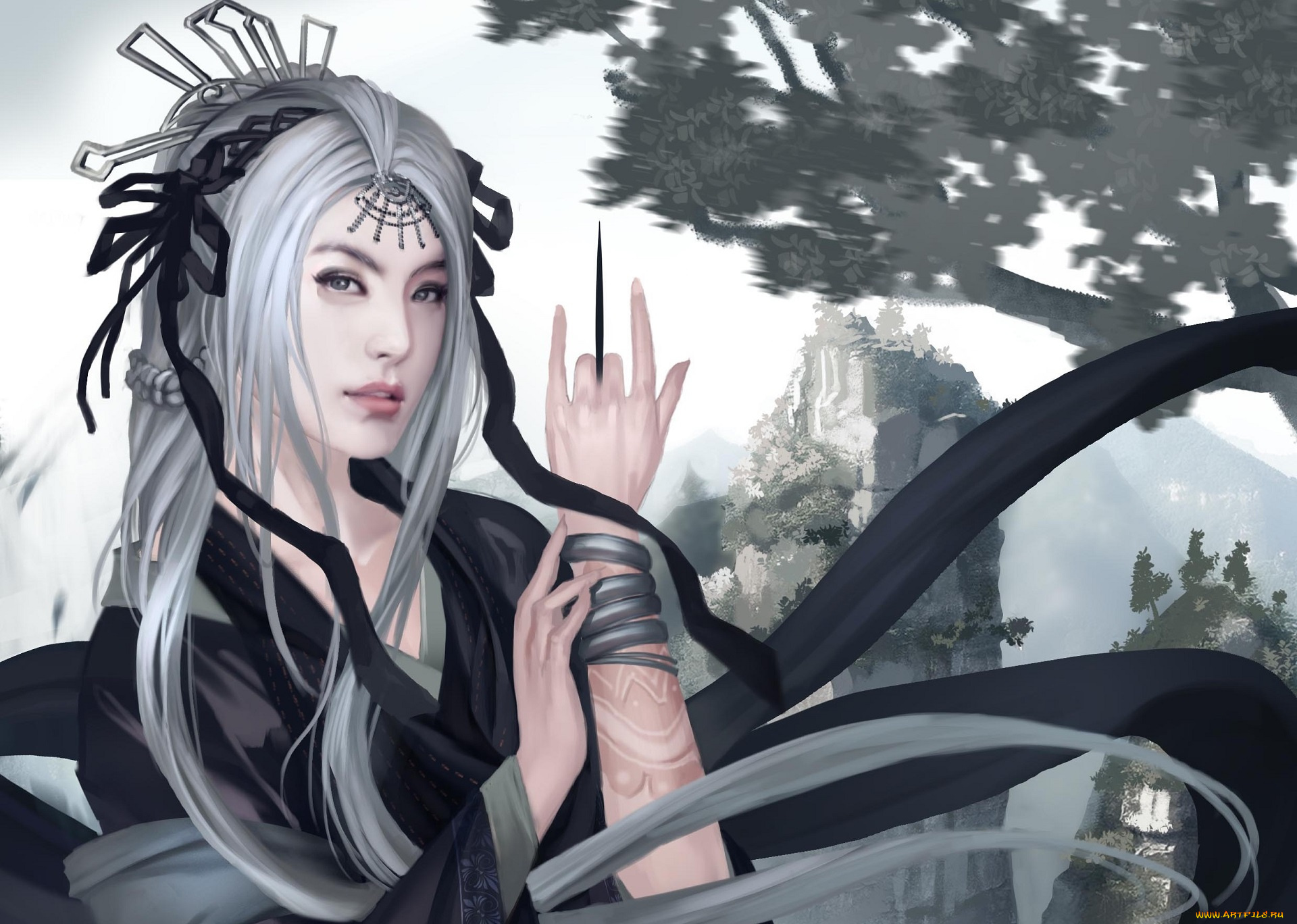 фэнтези, девушки, арт, горы, азия, татуировка, белые, волосы, девушка, нож, украшения, рука