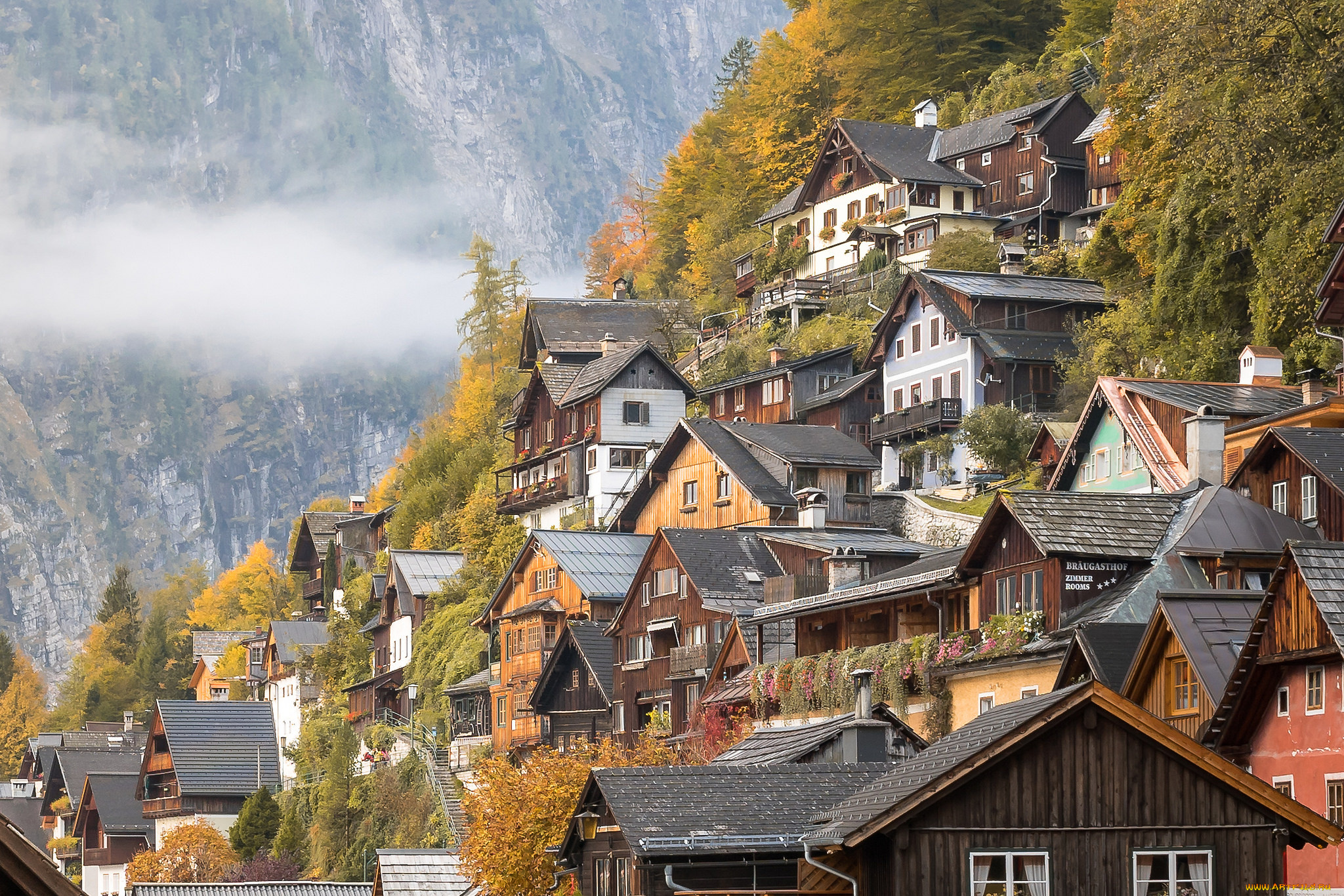 hallstatt, города, -, панорамы, городок, озеро, горы