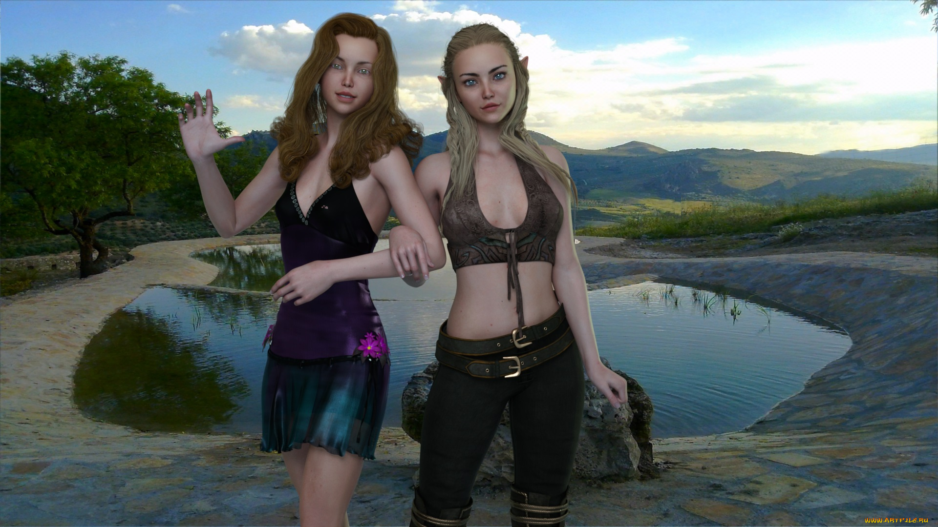 3д, графика, эльфы, , elves, взгляд, эльфийки, фон