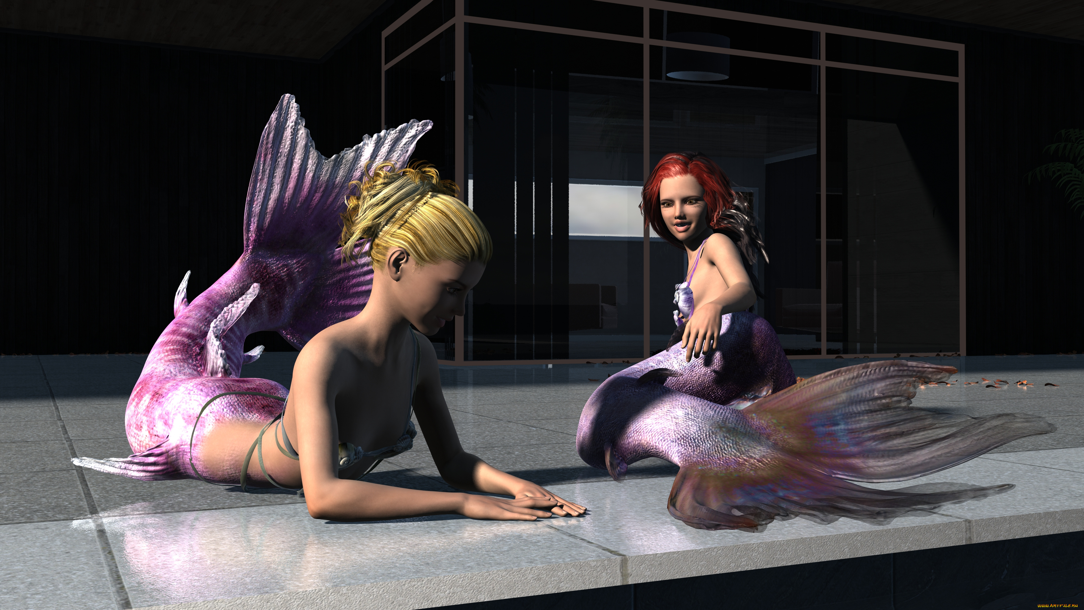 3д, графика, существа, , creatures, фон, русалки, взгляд, девушки