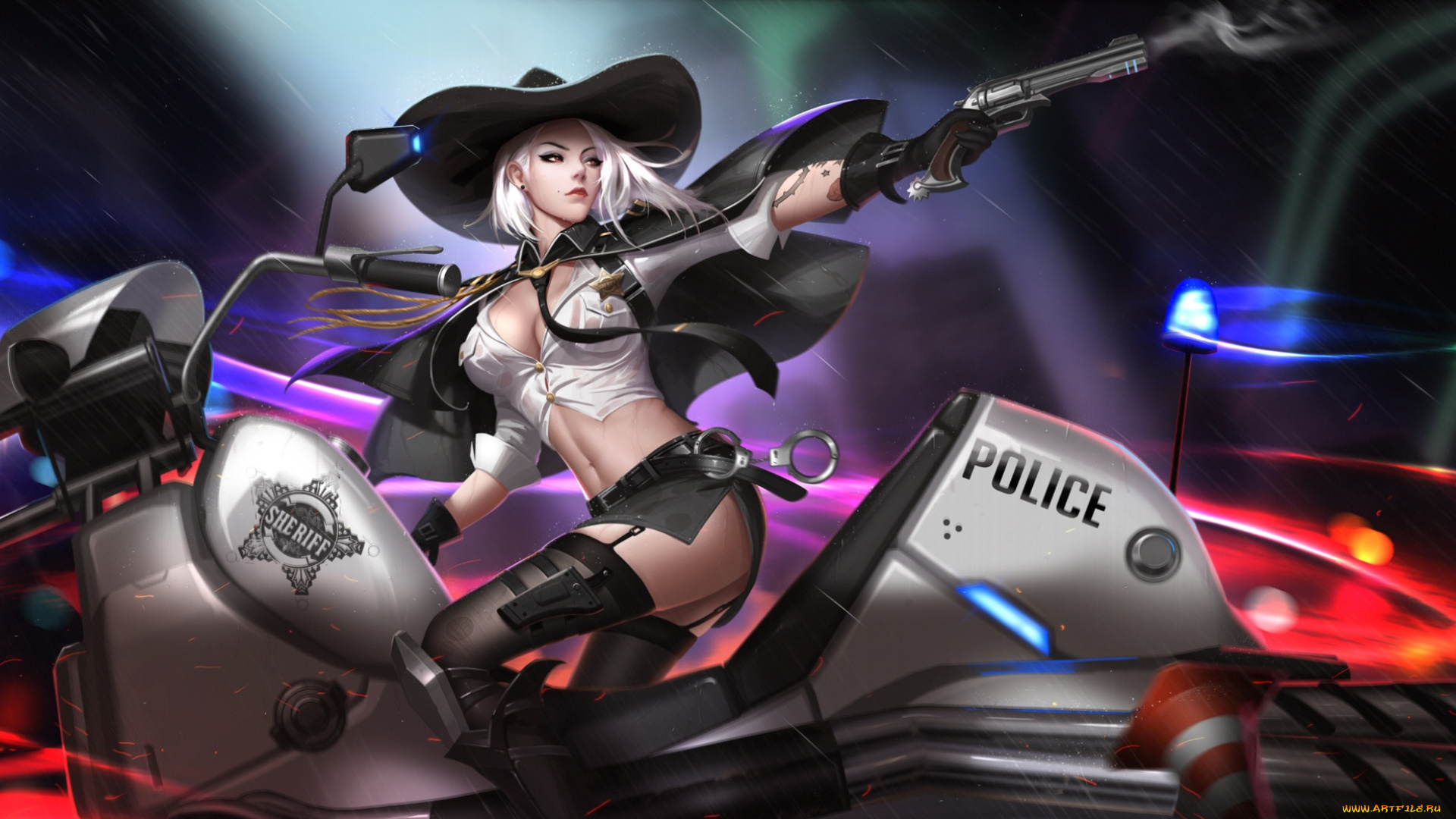 видео, игры, overwatch, мотоцикл, оружие, девушка, шериф, шляпа