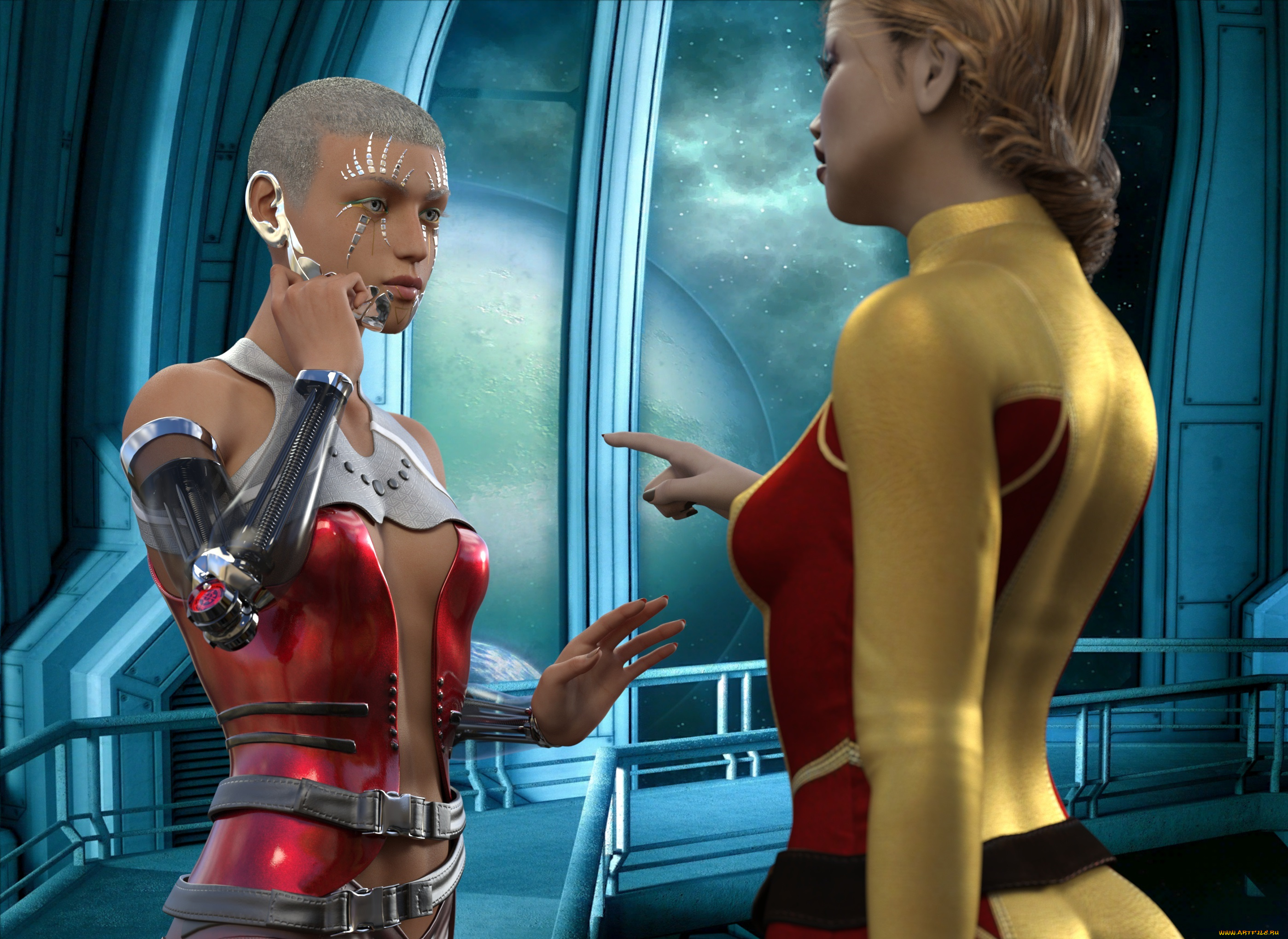 3д, графика, фантазия, , fantasy, фон, девушки, взгляд