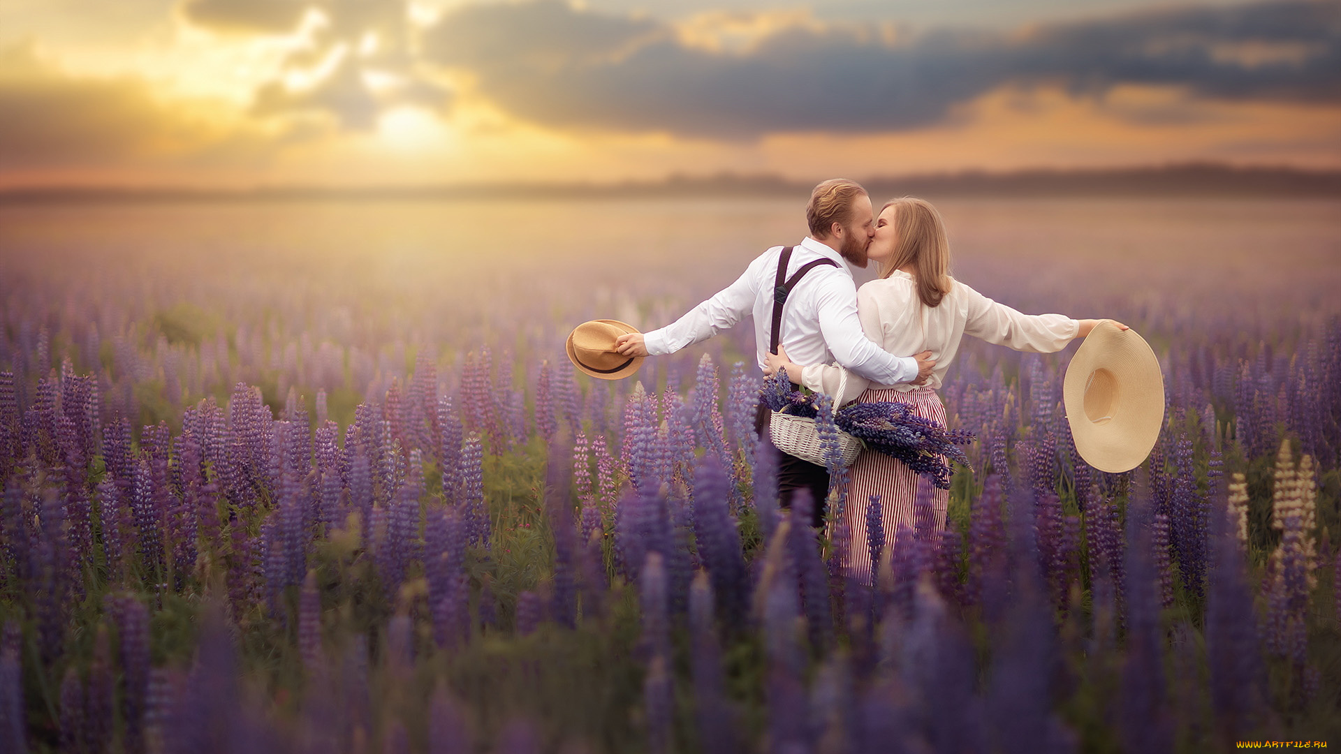 разное, мужчина, женщина, луг, влюбленные, люпин, поцелуй