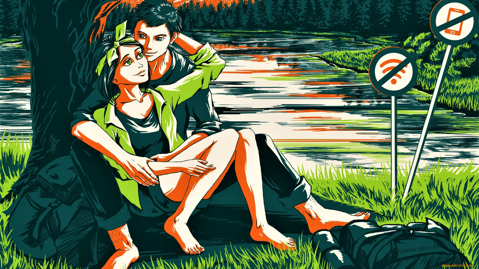 векторная, графика, люди, , people, парень, девушка, дерево, озеро, знаки