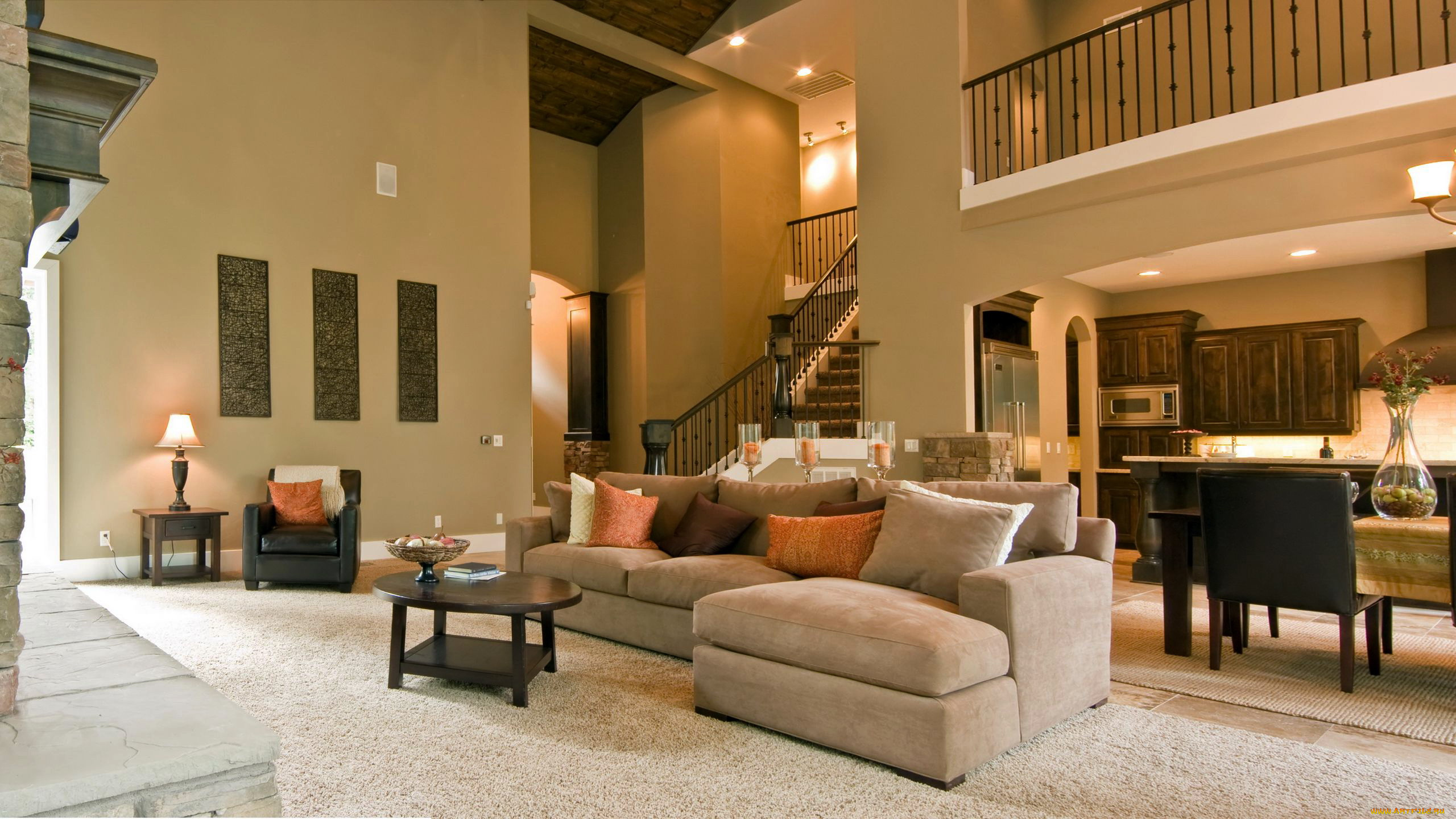 интерьер, гостиная, мягкий, уголок, торшер