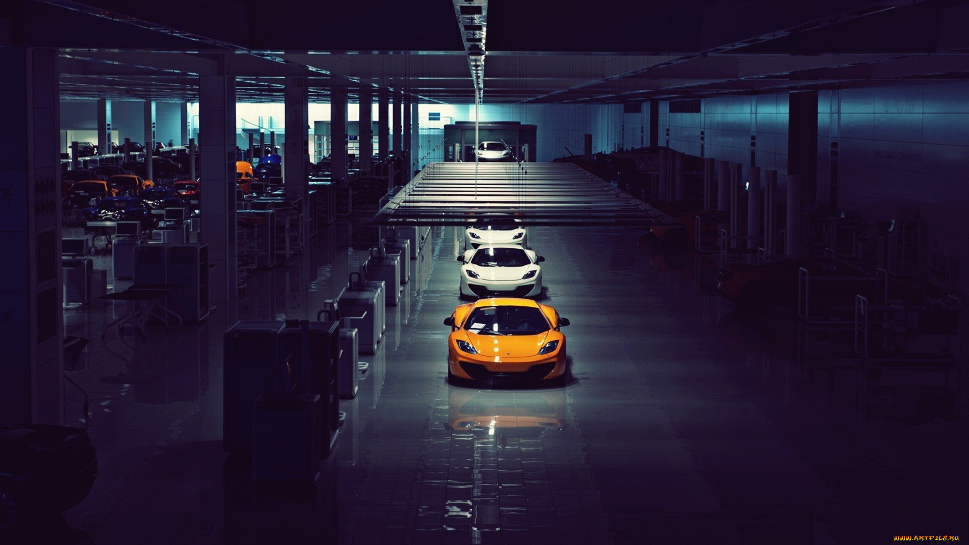 автомобили, mclaren, парковка, желтый, белые