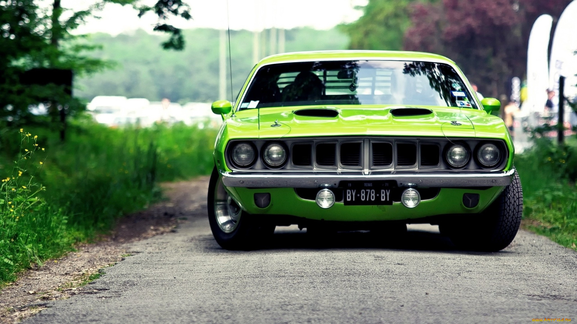 hemi, cuda, автомобили, plymouth, зеленый, дорога