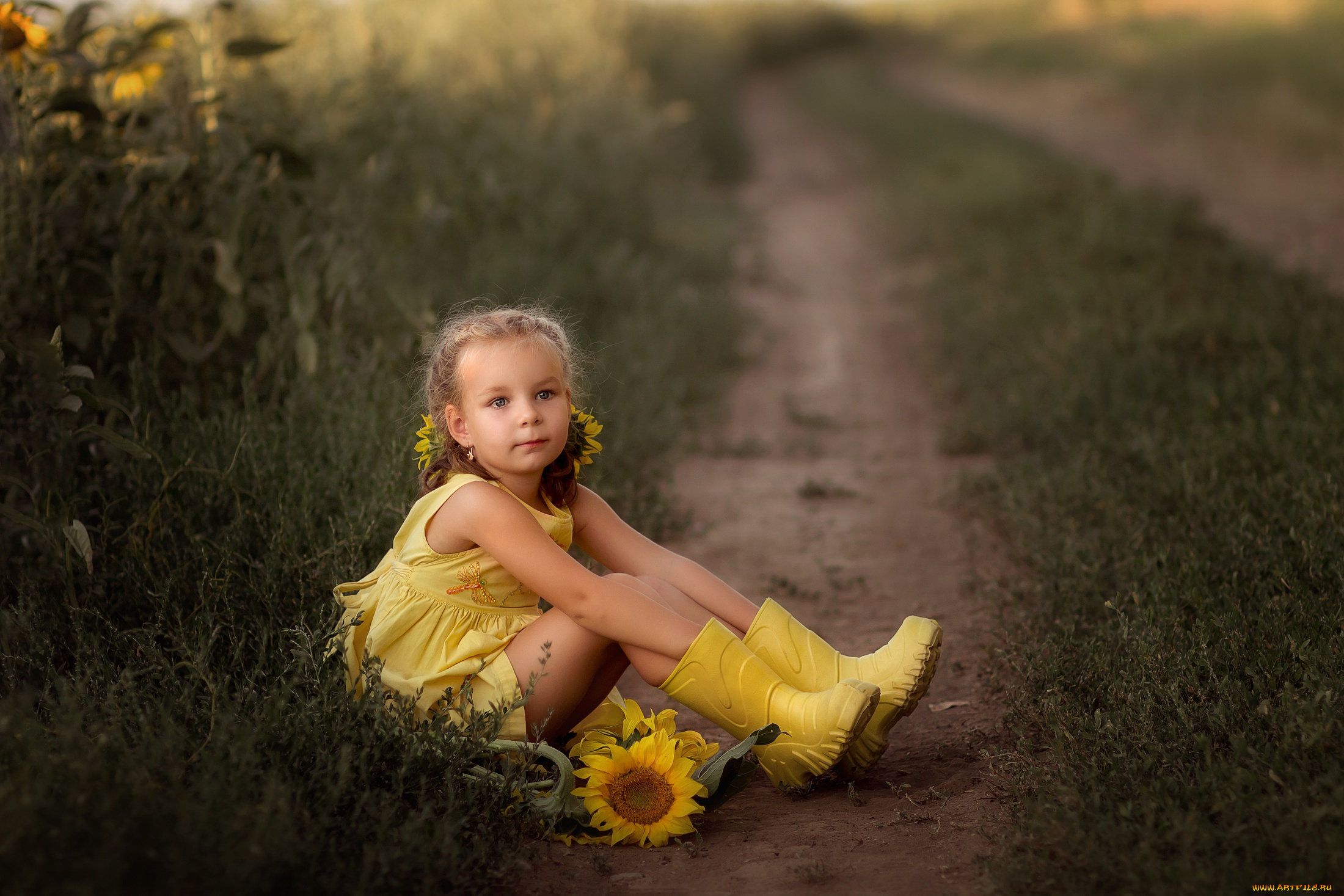 разное, дети, девочка, сапоги, подсолнух, дорога, поле