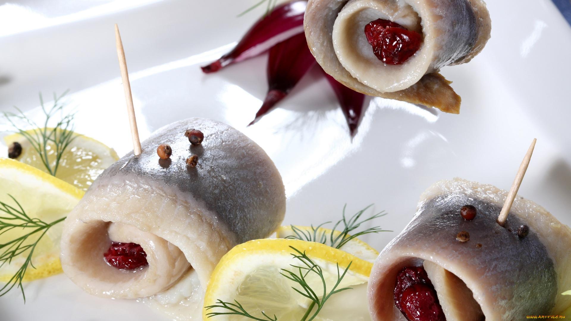 еда, рыбные, блюда, , с, морепродуктами, укроп, лимон, селедка, лук