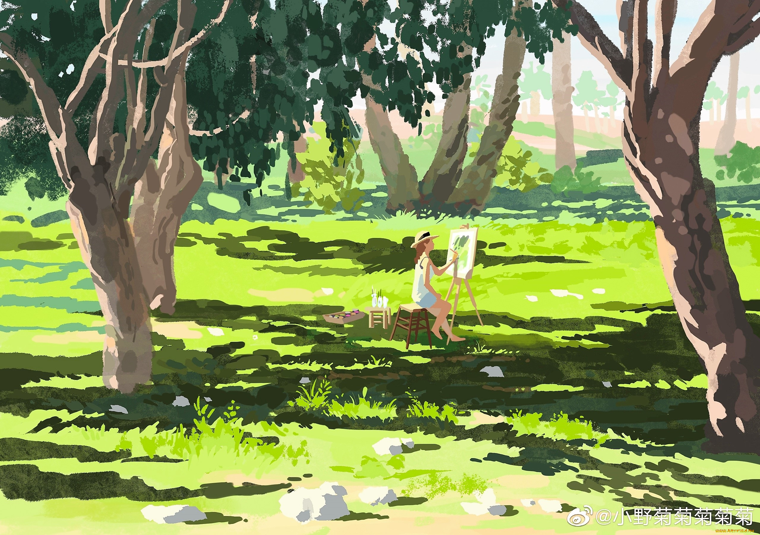 рисованное, люди, девушка, художница, деревья