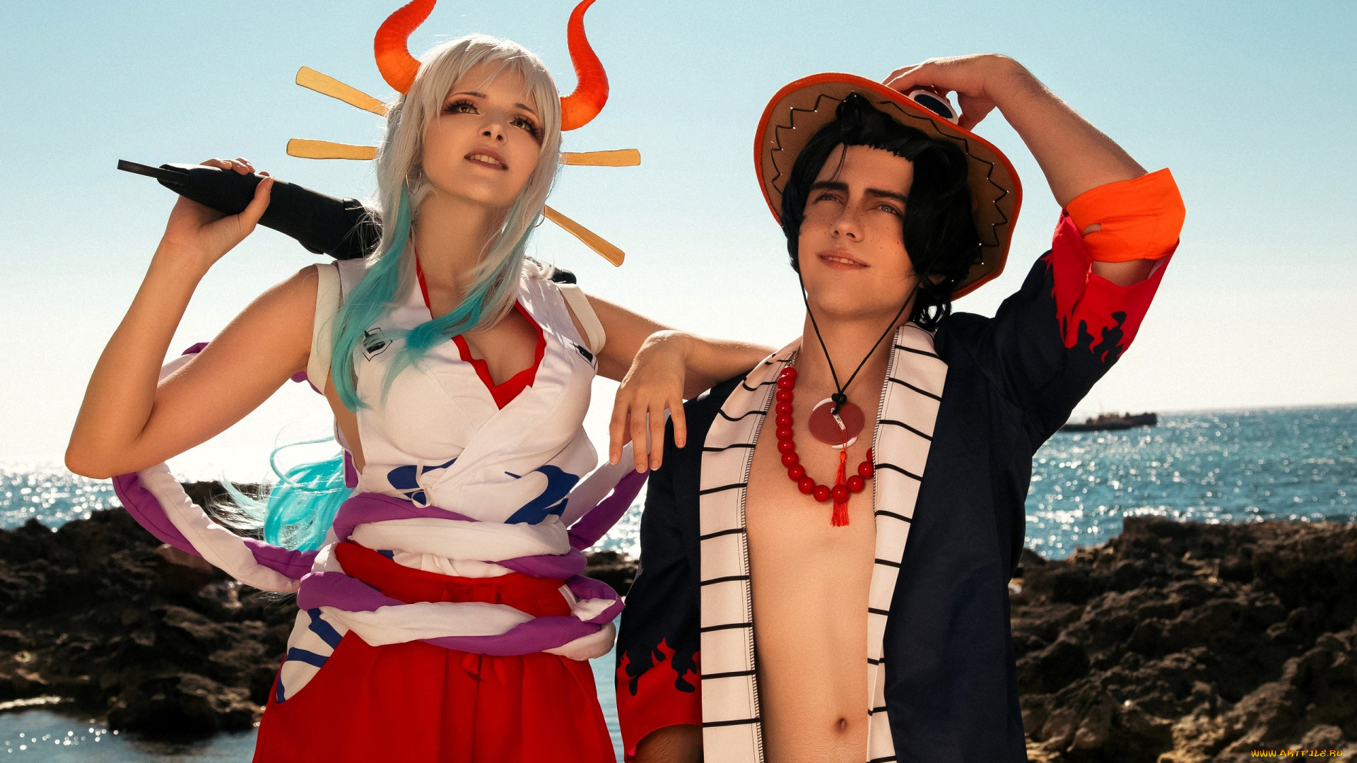 девушки, mari, aisu, образы, косплей, костюмы, оружие, парень, камни, море