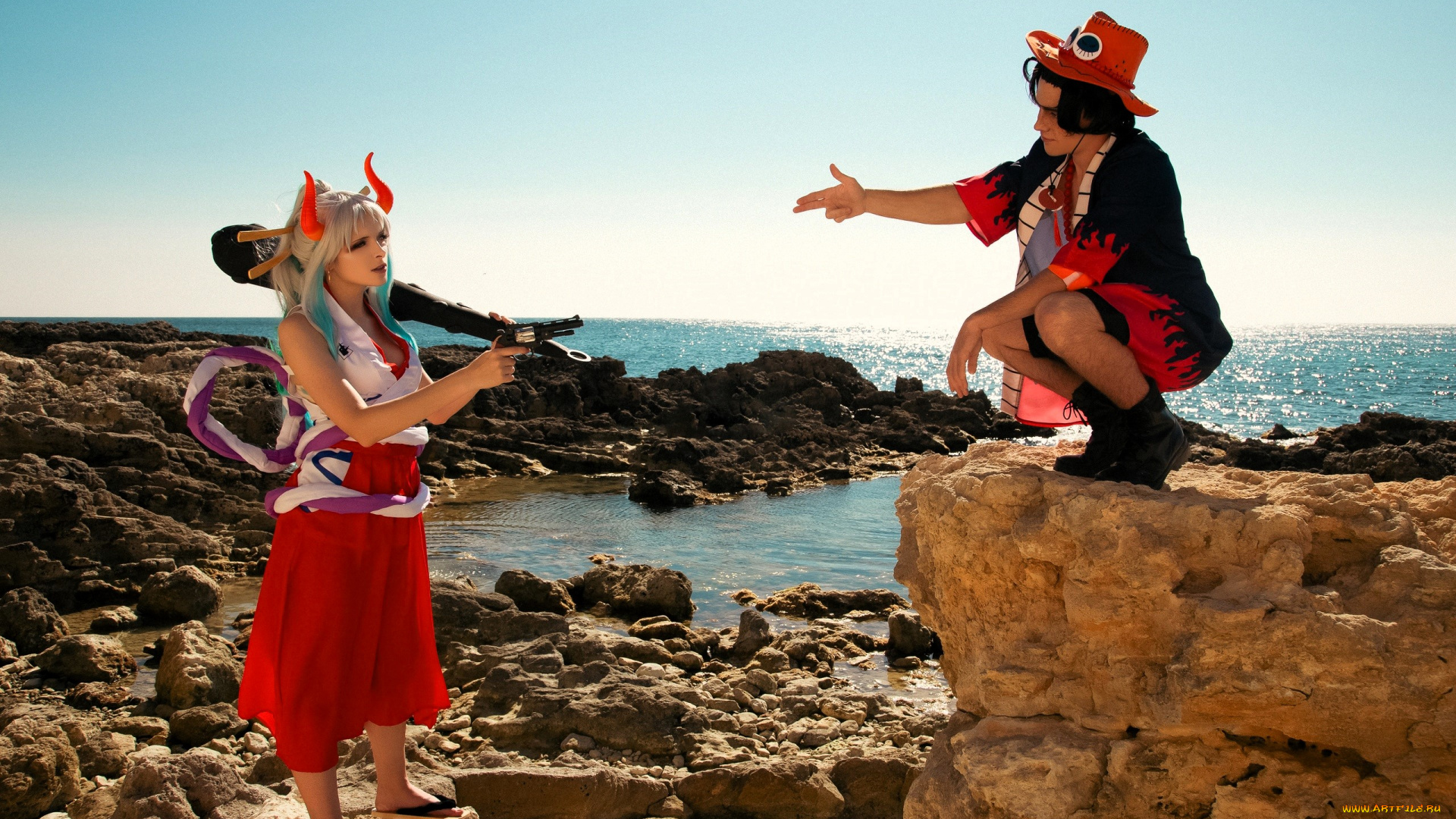 девушки, mari, aisu, образы, косплей, костюмы, оружие, парень, камни, море