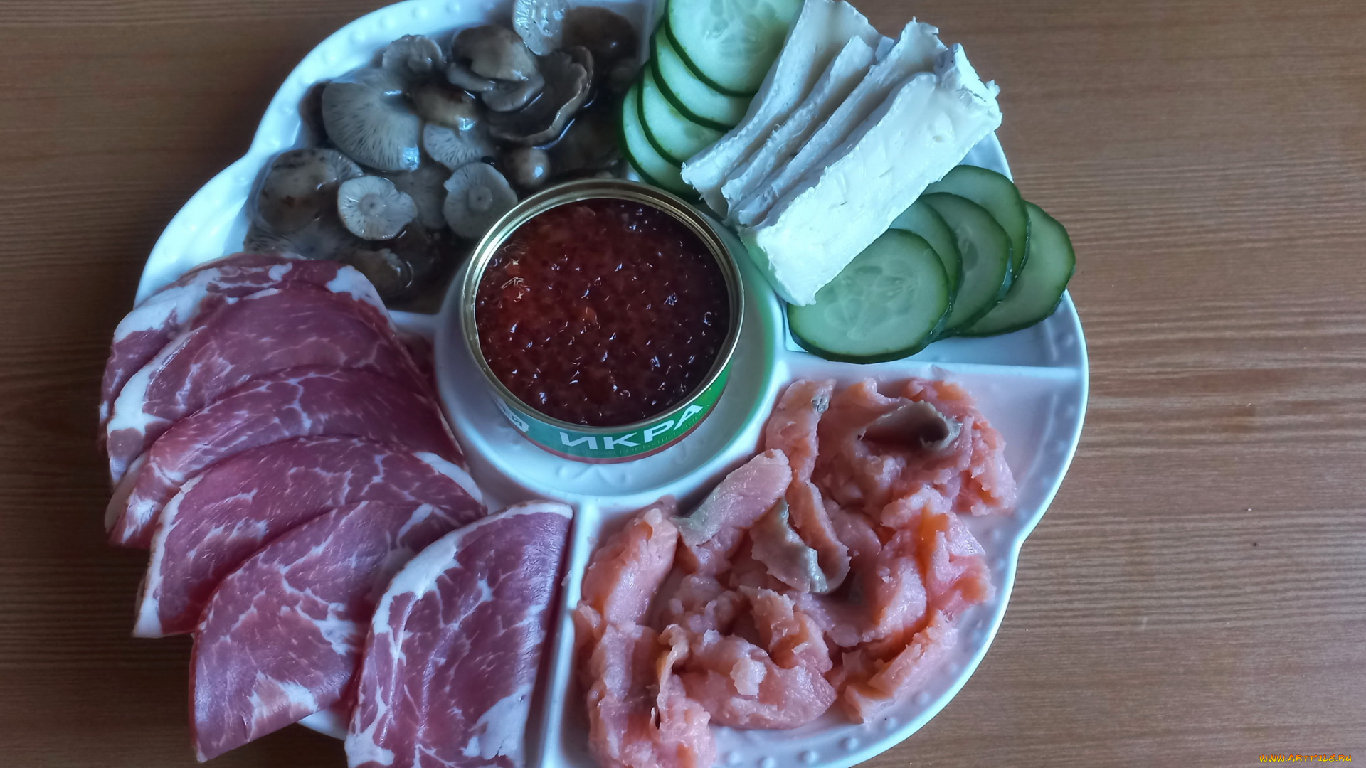 еда, разное, икра, грибы, ветчина, сыр, рыба, огурцы