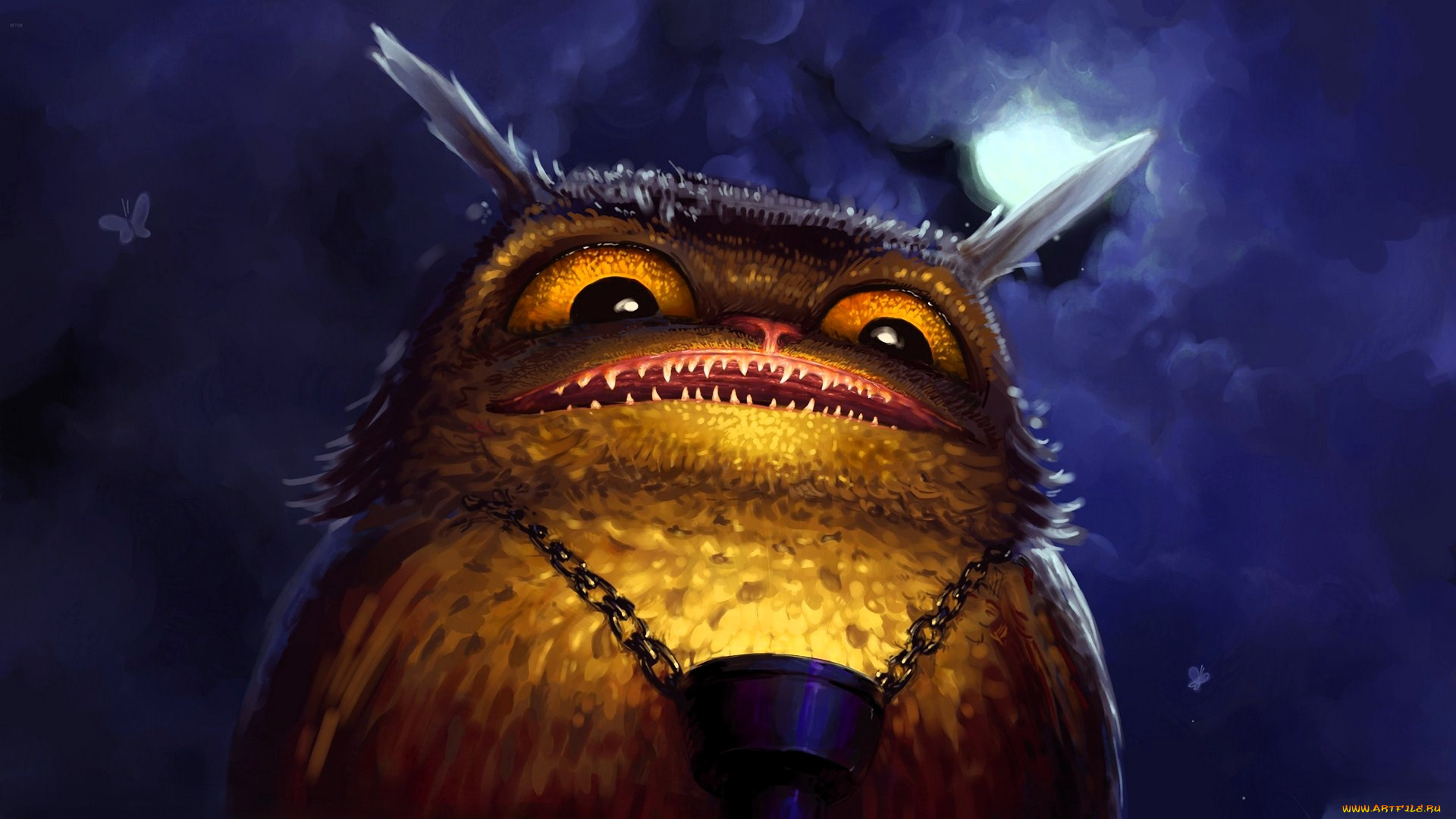 фэнтези, существа, филин, нос, зубы, цепь, фонарь, свет, луна, тучи