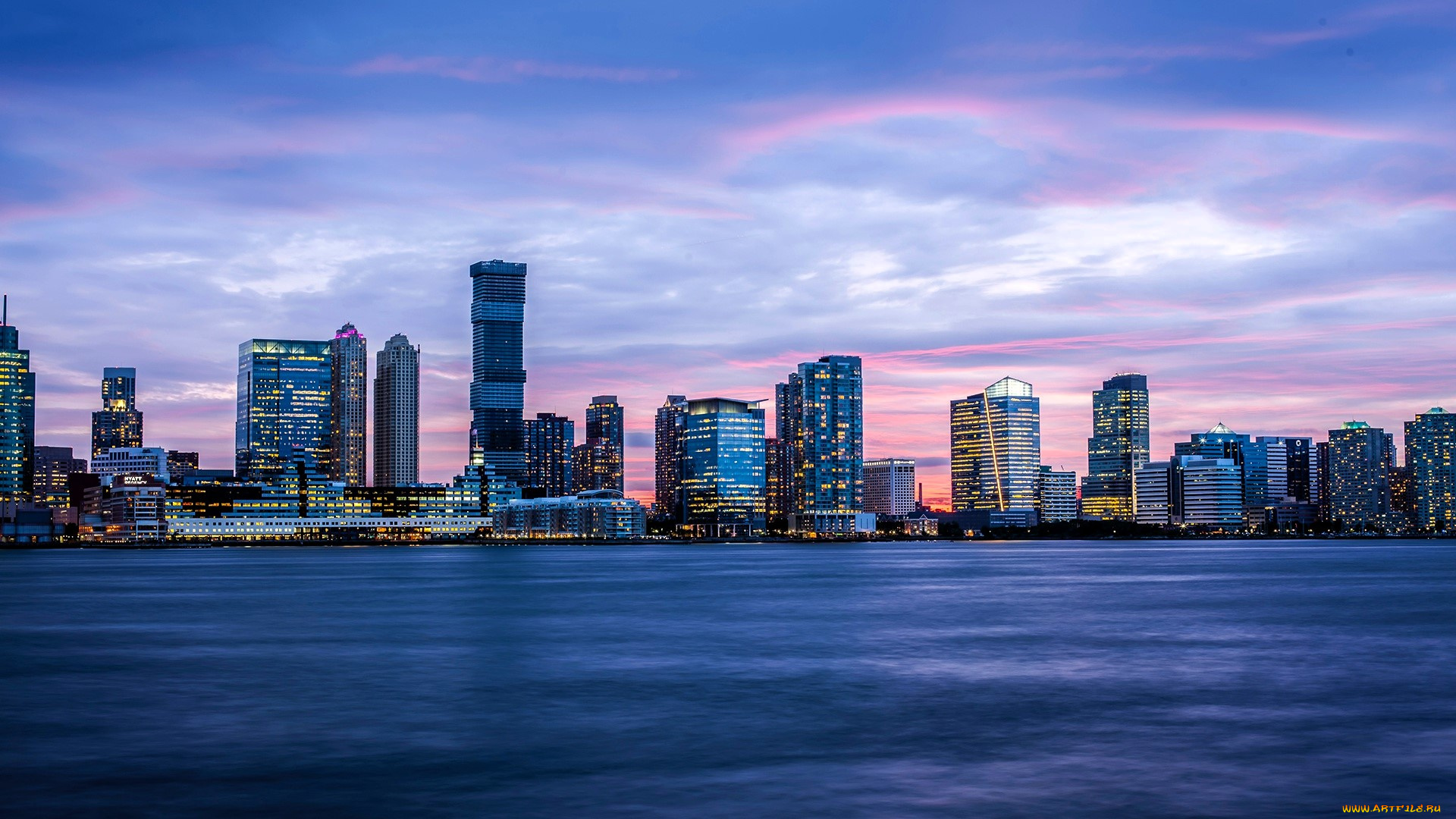 города, нью-йорк, , сша, море, закат, облака, огни, дома, здания