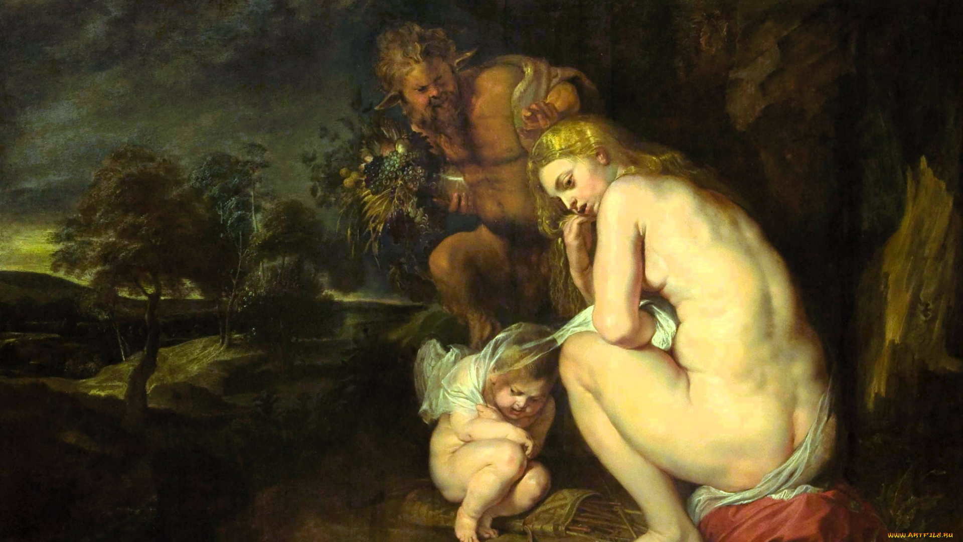 peter, paul, rubens, -, равнодушная, венера, рисованное, pieter, paul, rubens, венера, сатир, купидон