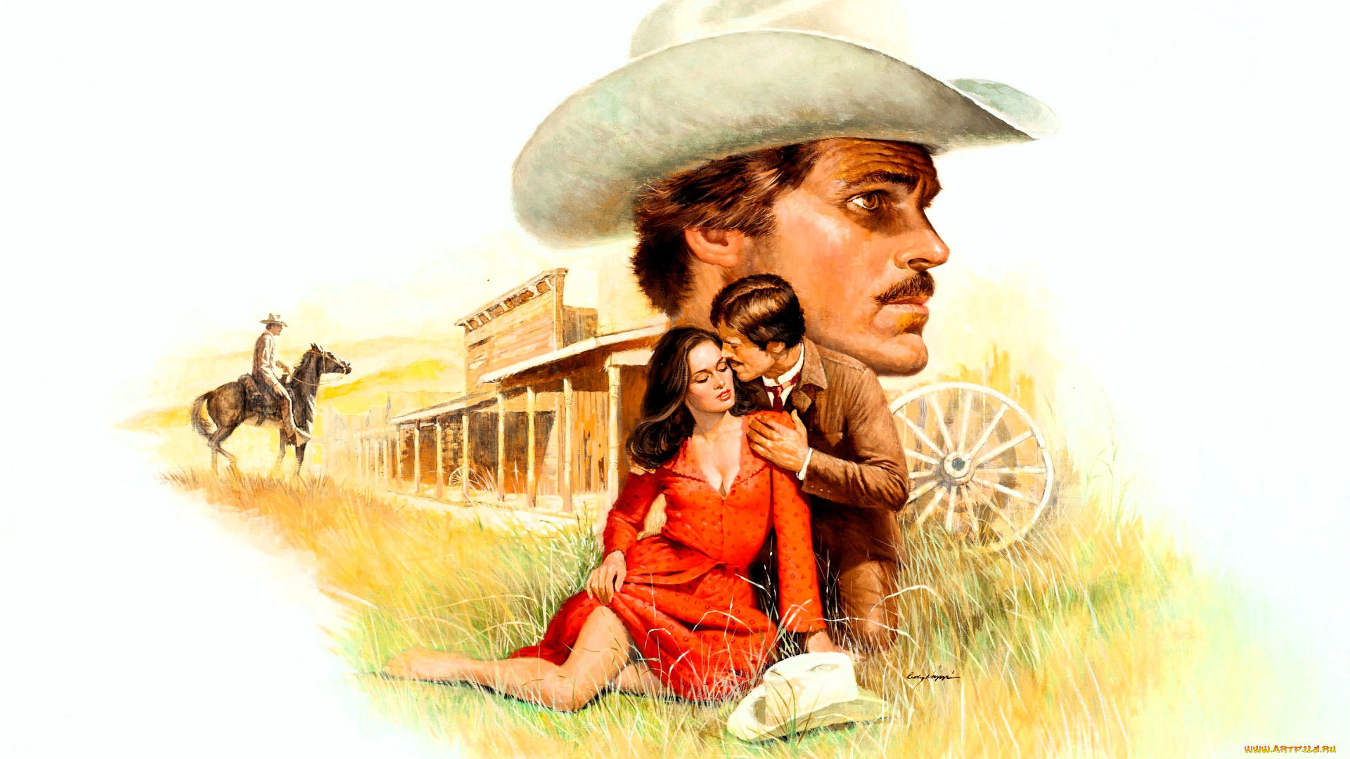 рисованное, люди, мужчина, женщина, шляпа, любовь, всадник, салун