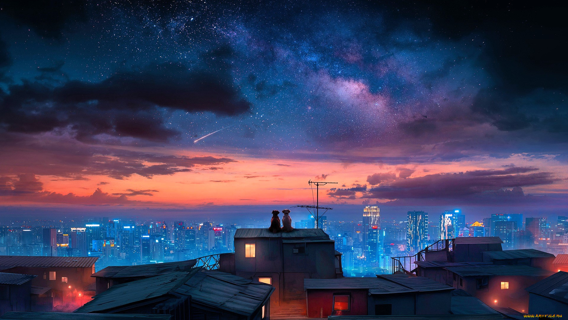рисованное, животные, , собаки, собаки, пара, город, панорама, крыши, ночь, огни